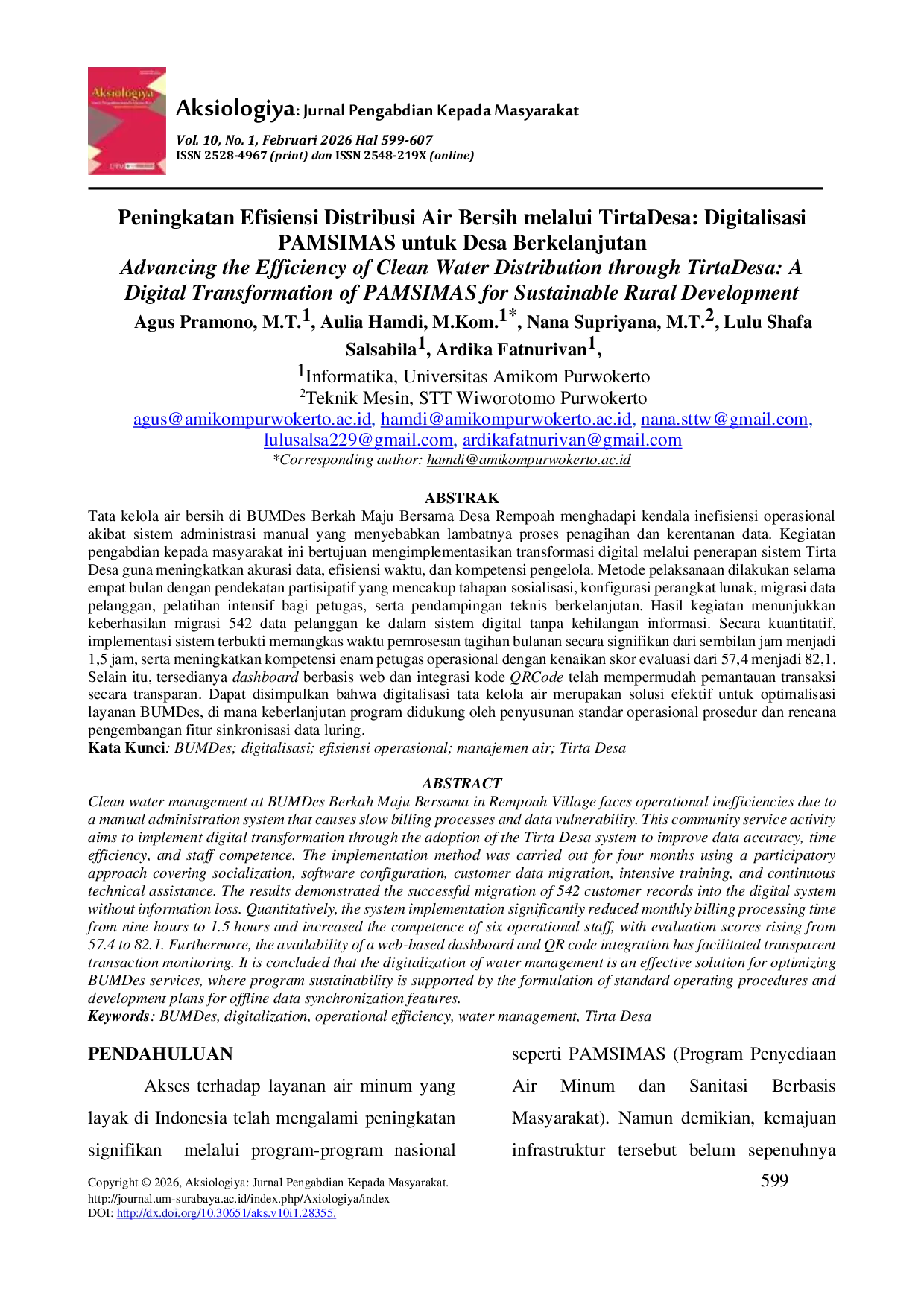 JURIS Peningkatan Efisiensi Distribusi Air Bersih Melalui TirtaDesa Digitalisasi PAMSIMAS untuk Desa Berkelanjutan