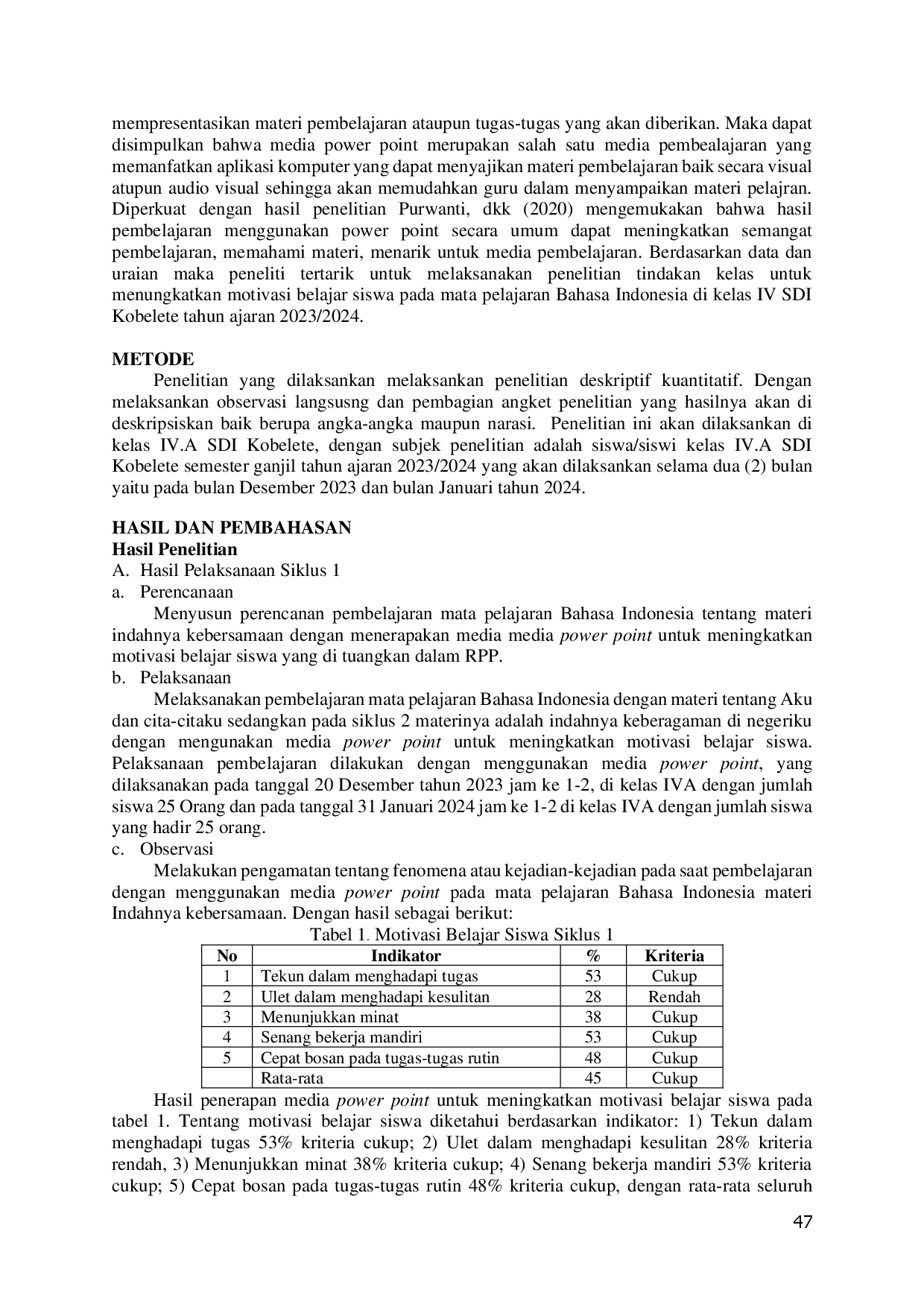 juris Peningkatan Motivasi Belajar Siswa dengan Penerapan Media Power Point pada Materi Bahasa Indonesia Kelas IVA SD Inpres Kobelete