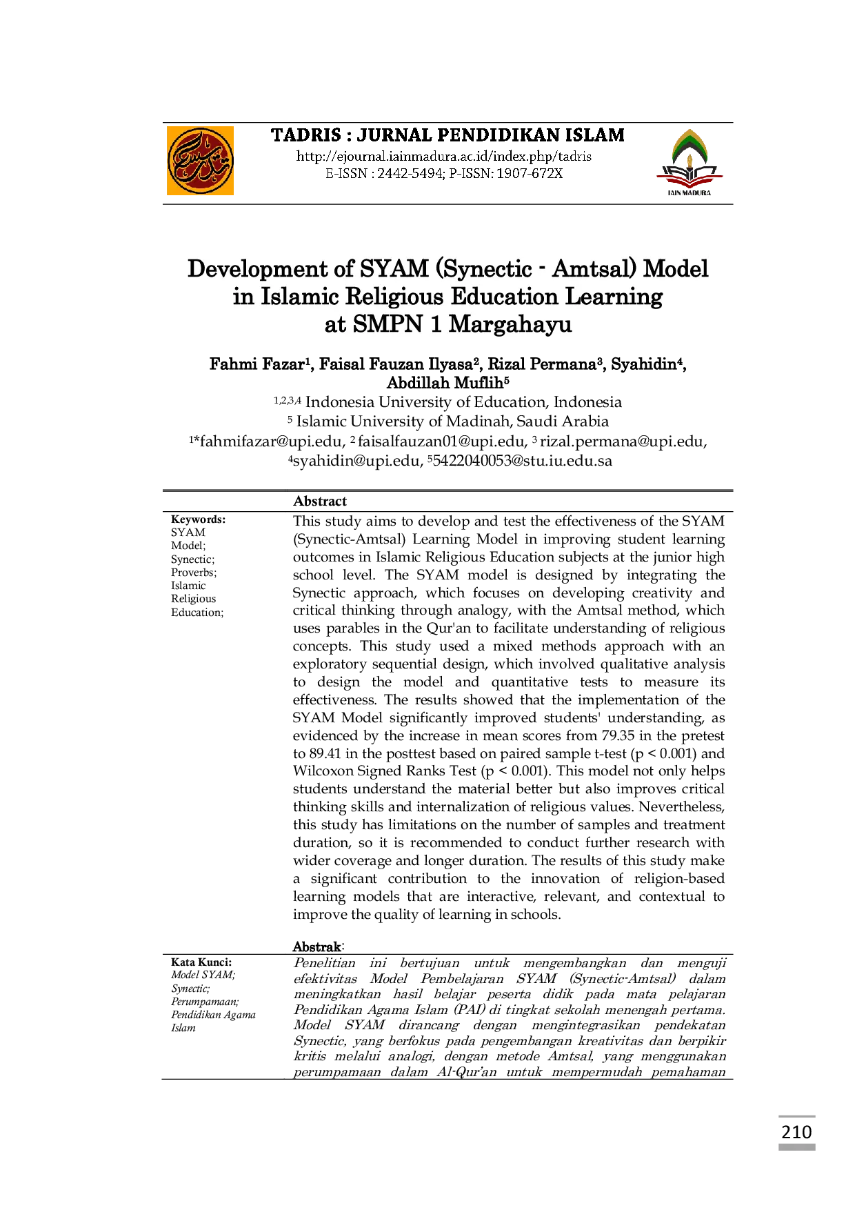 JURIS Development Of SYAM SynecticAcAmtsal Model In Islamic Religious Education Learning At SMPN 1 Margahayu