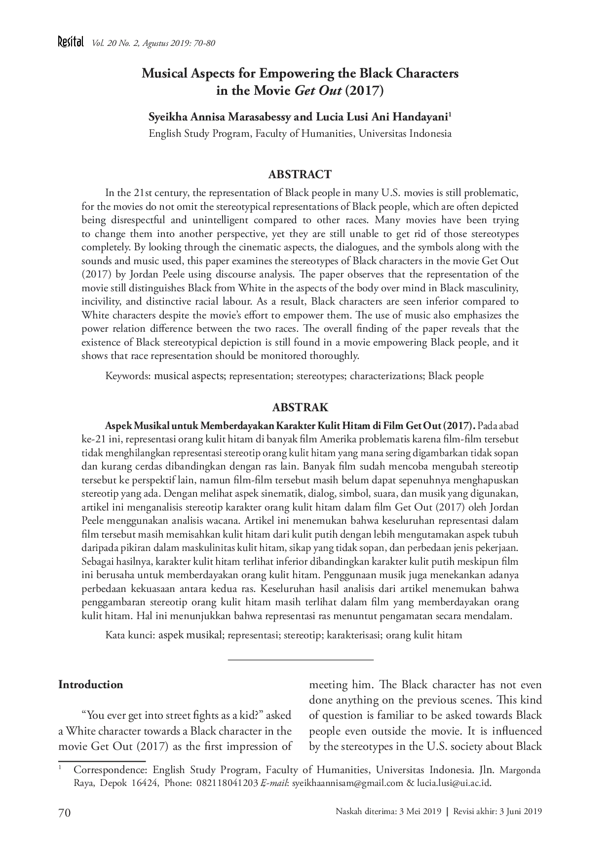 juris Musical Aspects for Empowering the Black Characters in the Movie Get Out 2017