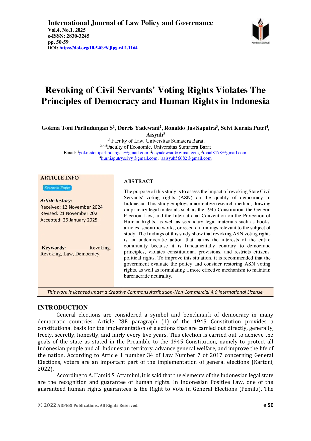 JURIS Revoking of Civil Servants Voting Rights Violates The Principles of Democracy and Human Rights in Indonesia