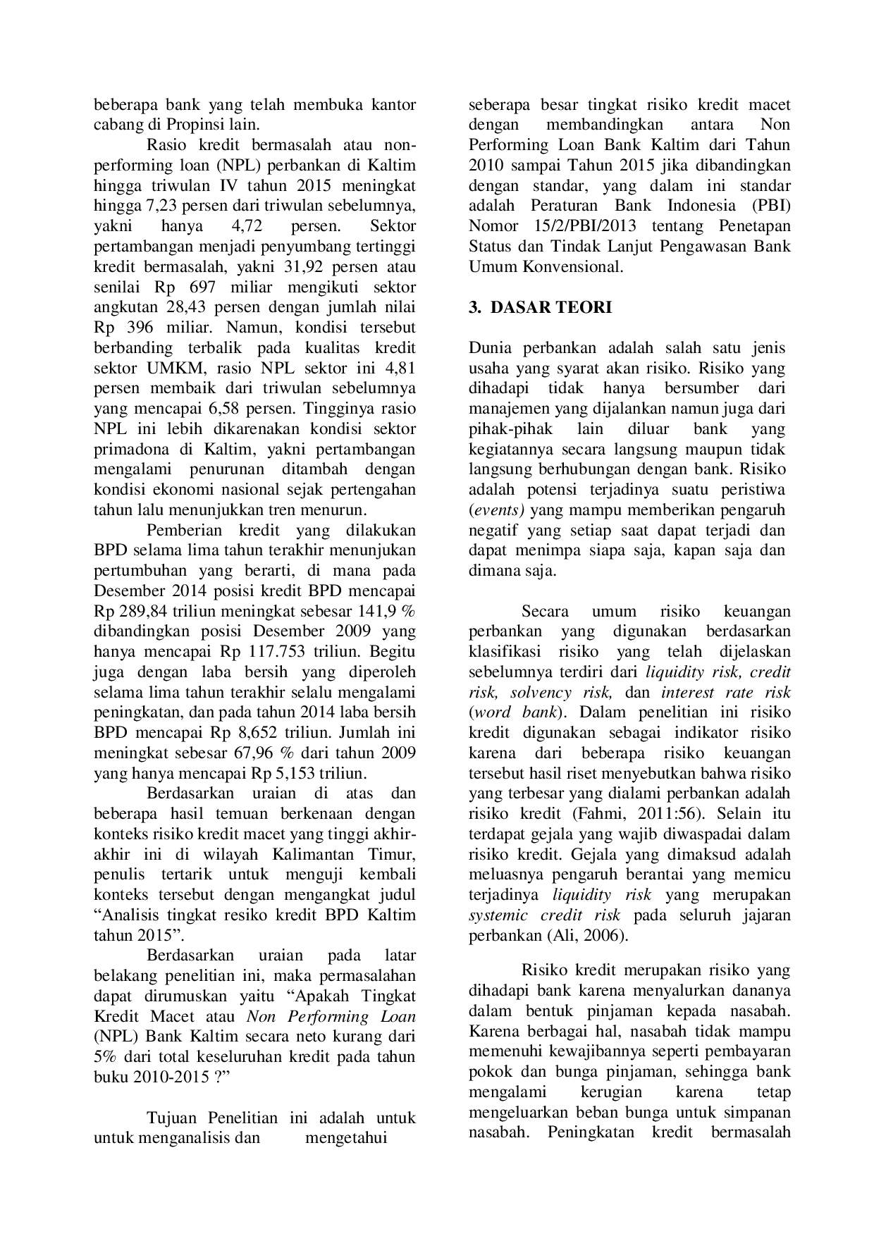 JURIS Analisis Tingkat Resiko Kredit Pada Bank Kaltim Tahun 2015