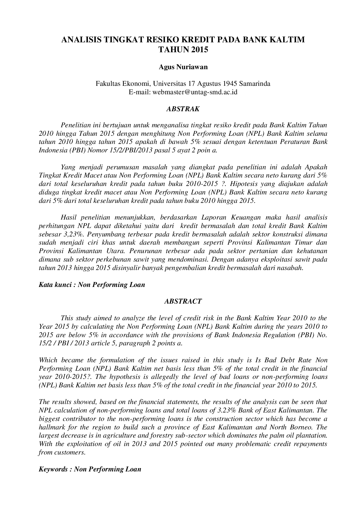 JURIS Analisis Tingkat Resiko Kredit Pada Bank Kaltim Tahun 2015