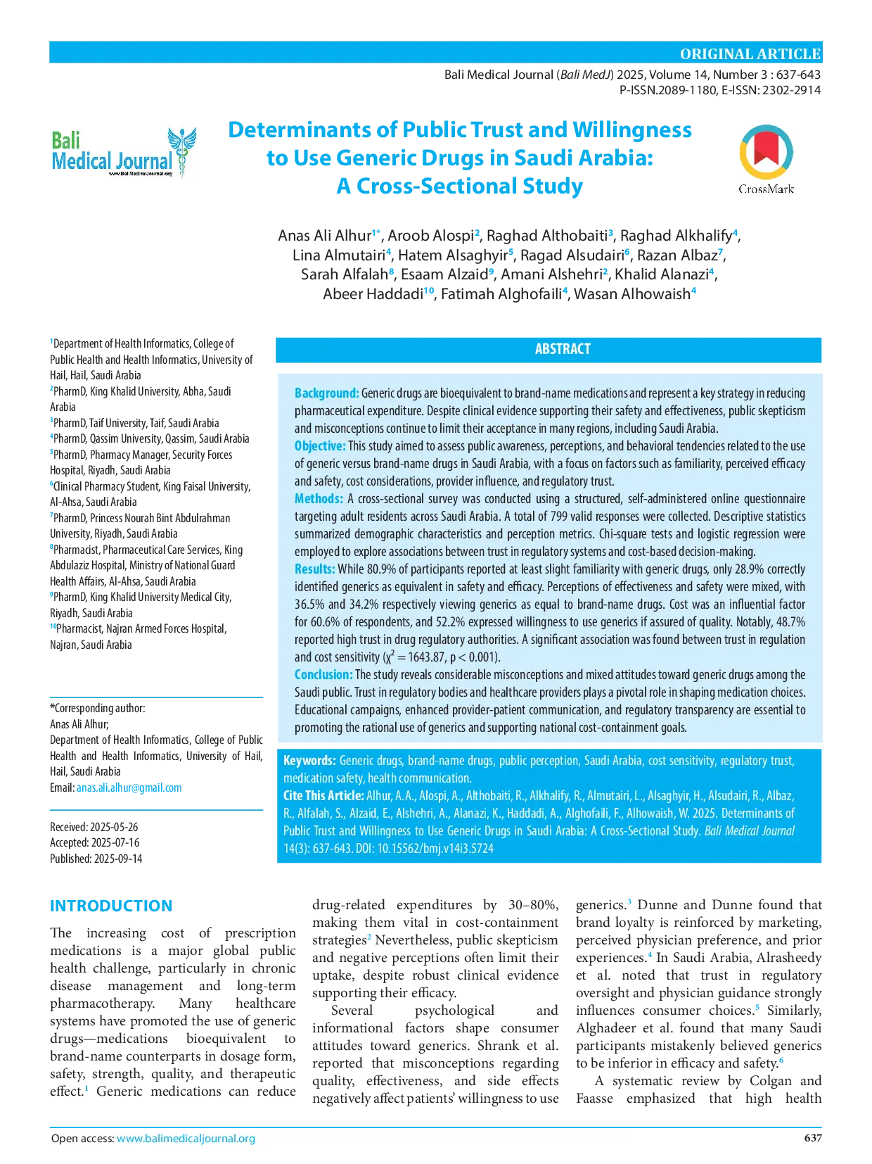 juris Determinants of Public Trust and Willingness to Use Generic Drugs in Saudi Arabia A Cross Sectional Study