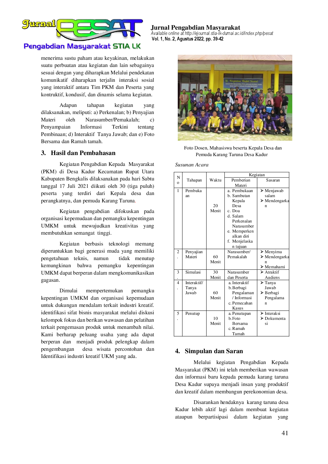 juris Pelatihan Ekonomi Kreatif Kepada Karang Taruna Desa Kadur