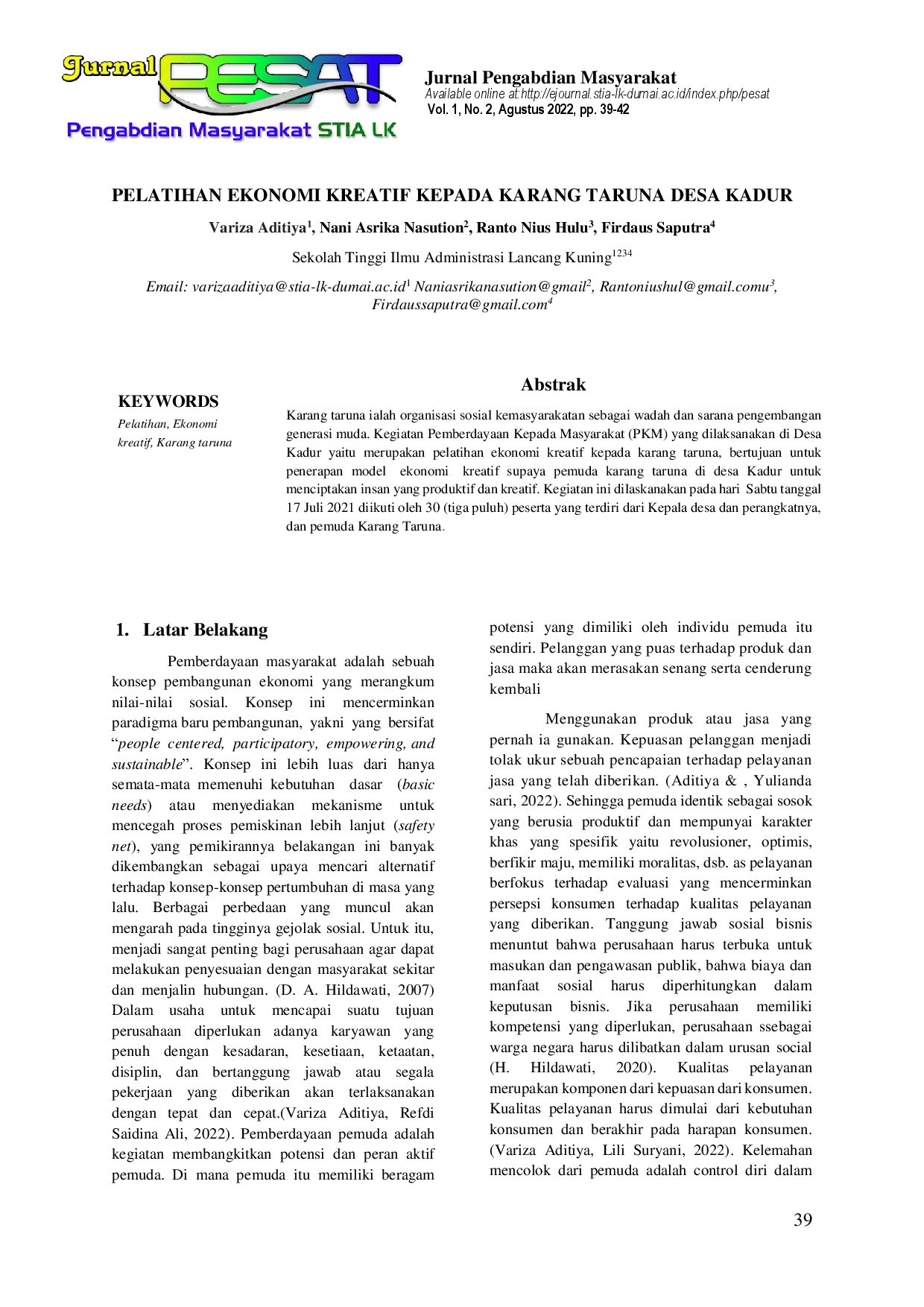 juris Pelatihan Ekonomi Kreatif Kepada Karang Taruna Desa Kadur