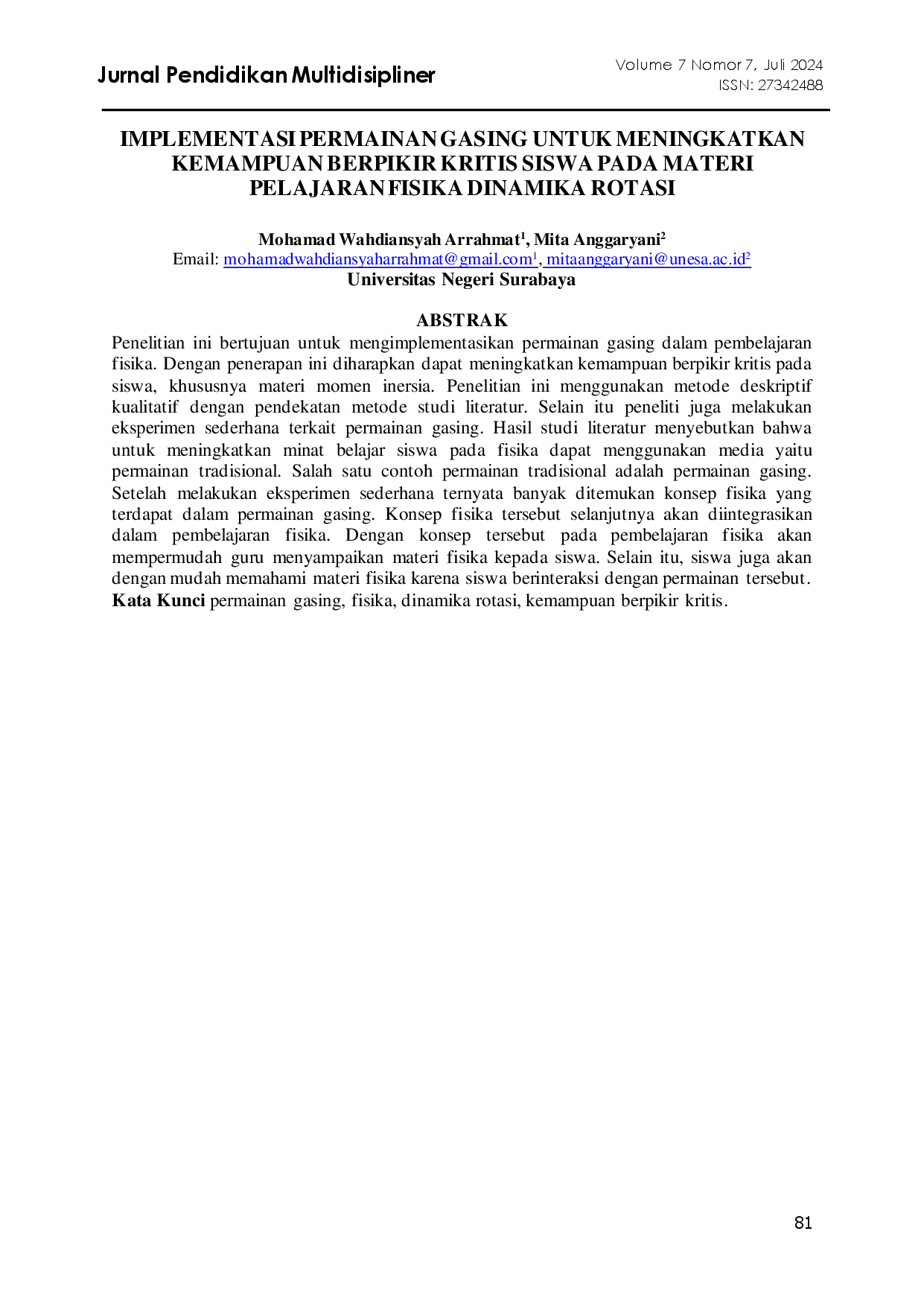 juris IMPLEMENTASI PERMAINAN GASING UNTUK MENINGKATKAN KEMAMPUAN BERPIKIR KRITIS SISWA PADA MATERI PELAJARAN FISIKA DINAMIKA ROTASI