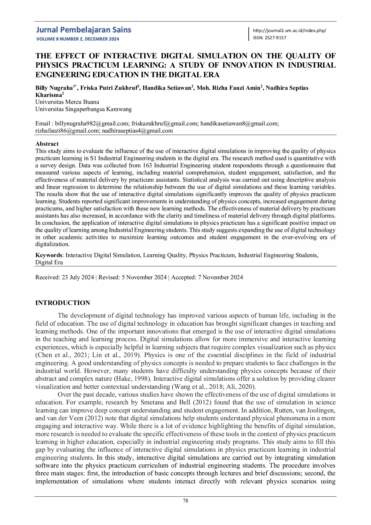 JURIS The Effect Of Interactive Digital Simulation On The Quality Of Physics Practicum Learning A Study Of Innovation In Industrial Engineering Education In The Digital Era
