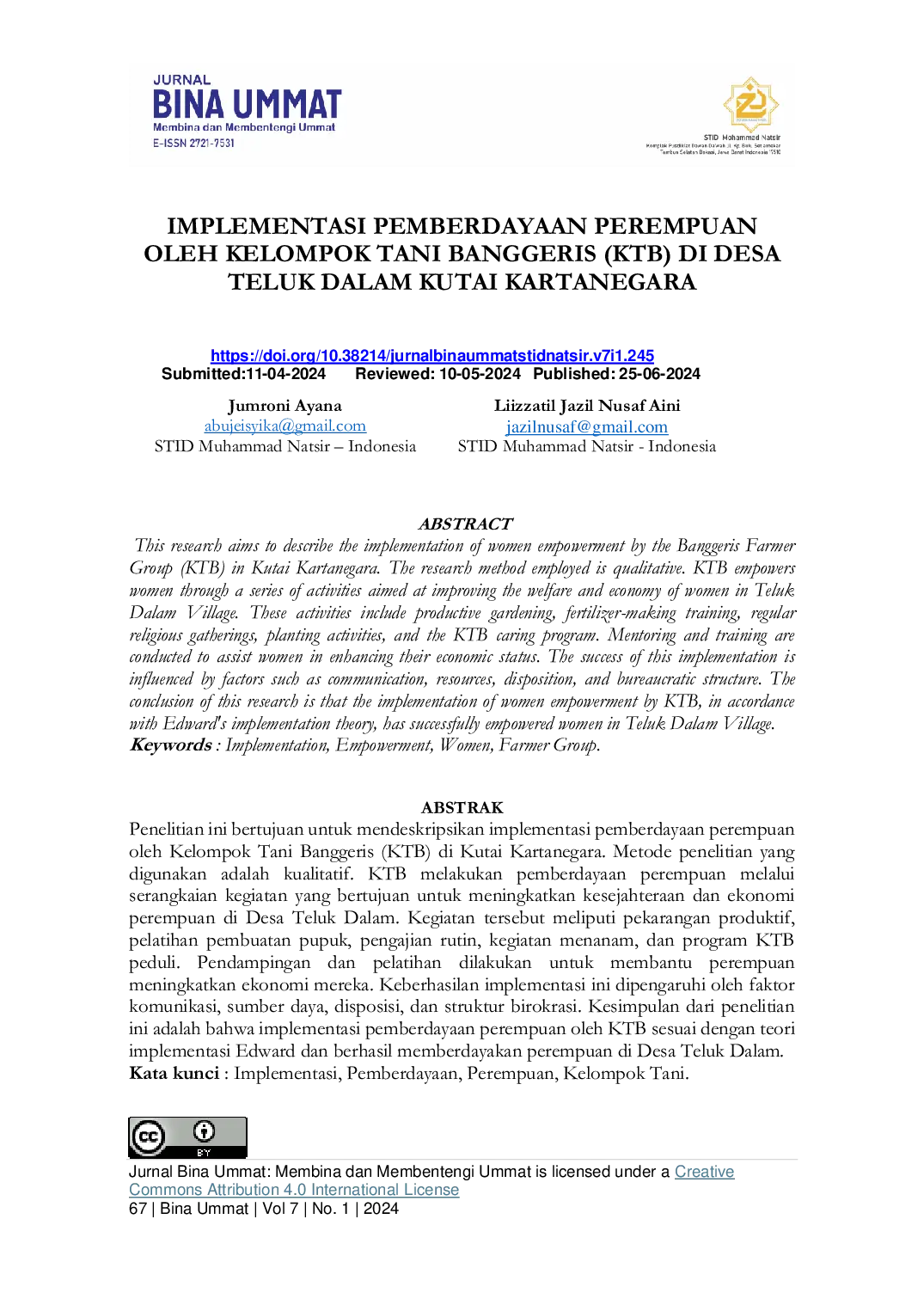 JURIS IMPLEMENTASI PEMBERDAYAAN PEREMPUAN OLEH KELOMPOK TANI BANGGERIS KTB DI DESA TELUK DALAM KUTAI KARTANEGARA