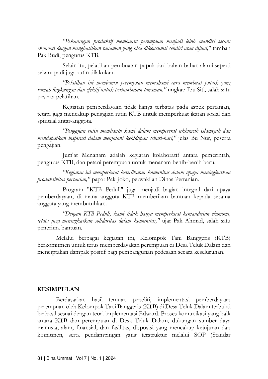 JURIS IMPLEMENTASI PEMBERDAYAAN PEREMPUAN OLEH KELOMPOK TANI BANGGERIS KTB DI DESA TELUK DALAM KUTAI KARTANEGARA