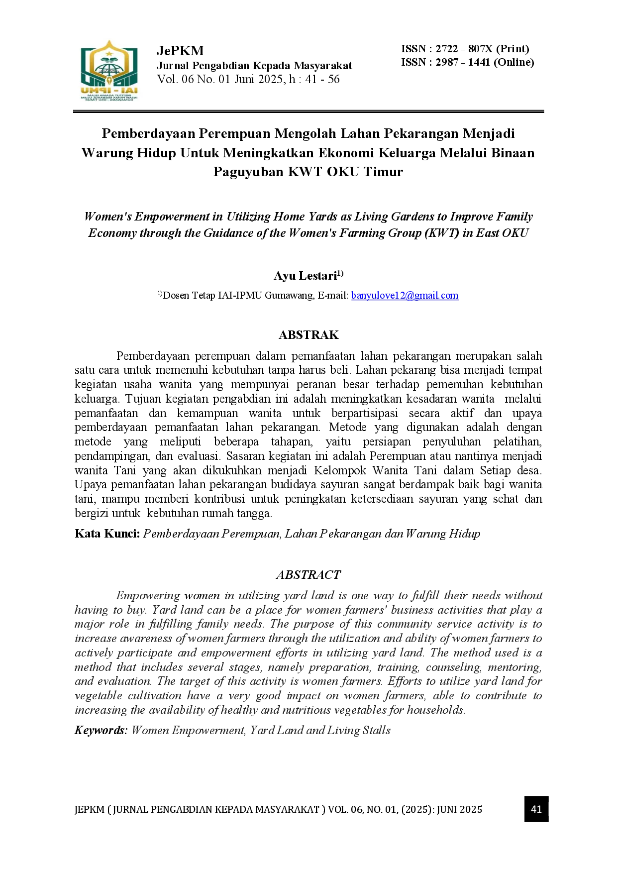 juris Pemberdayaan Perempuan Mengolah Lahan Pekarangan Menjadi Warung Hidup Untuk Meningkatkan Ekonomi Keluarga Melalui Binaan Paguyuban KWT OKU Timur