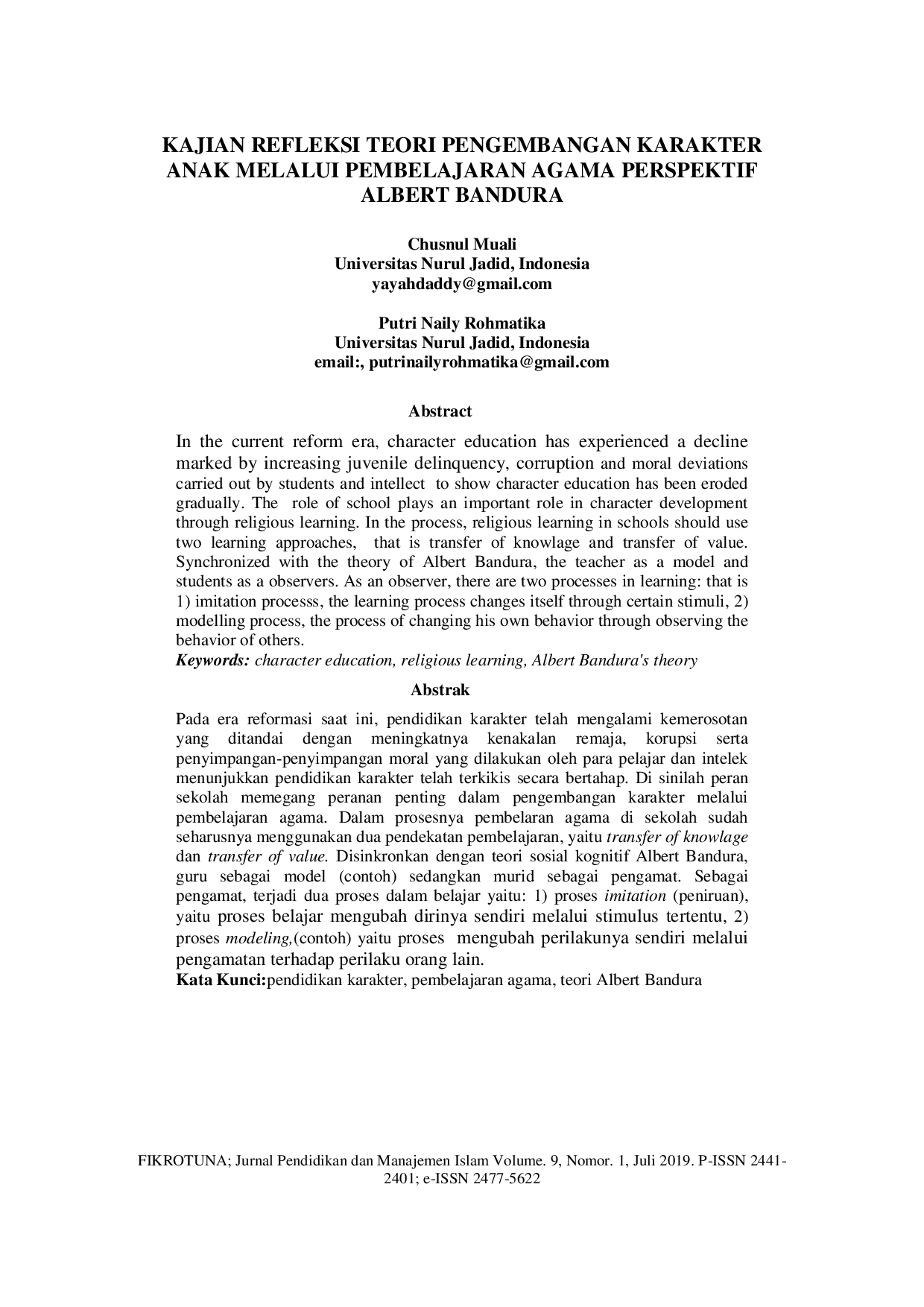 JURIS Kajian Refleksi Teori Pengembangan Karakter Anak Melalui Pembelajaran Agama Perspektif Albert Bandura