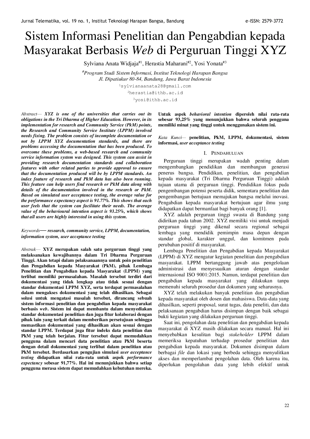 JURIS Sistem Informasi Penelitian dan Pengabdian kepada Masyarakat Berbasis Web di Perguruan Tinggi XYZ