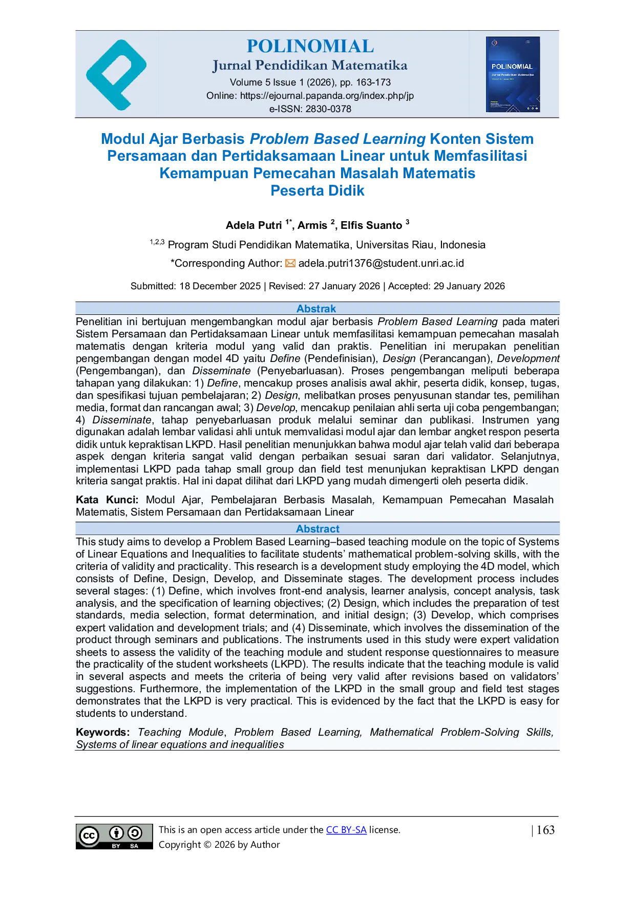 JURIS Modul Ajar Berbasis Problem Based Learning Konten Sistem Persamaan dan Pertidaksamaan Linear untuk Memfasilitasi Kemampuan Pemecahan Masalah Matematis Peserta Didik