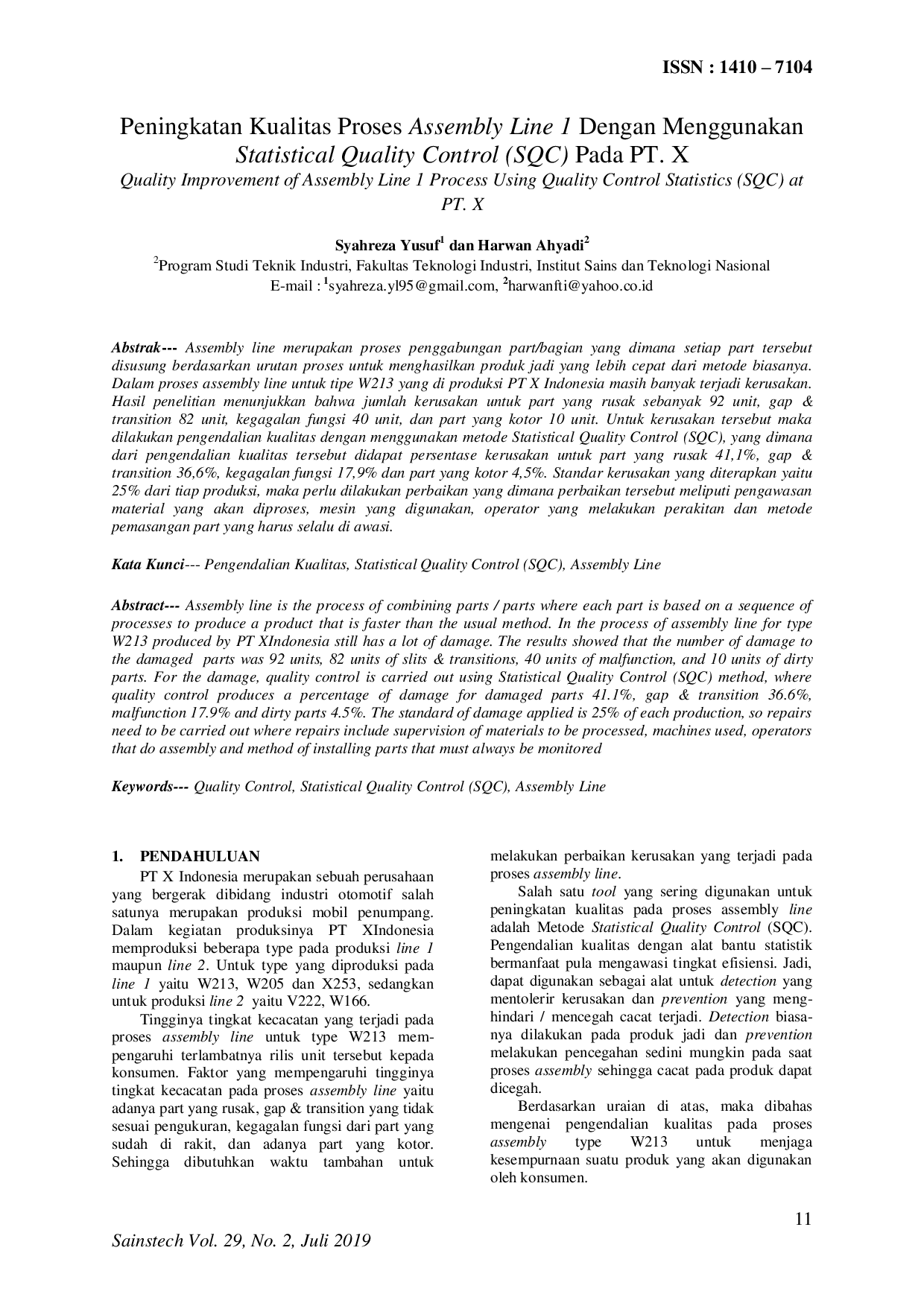 JURIS Peningkatan Kualitas Proses Assembly Line 1 Dengan Menggunakan Statistical Quality Control SQC Pada PT X