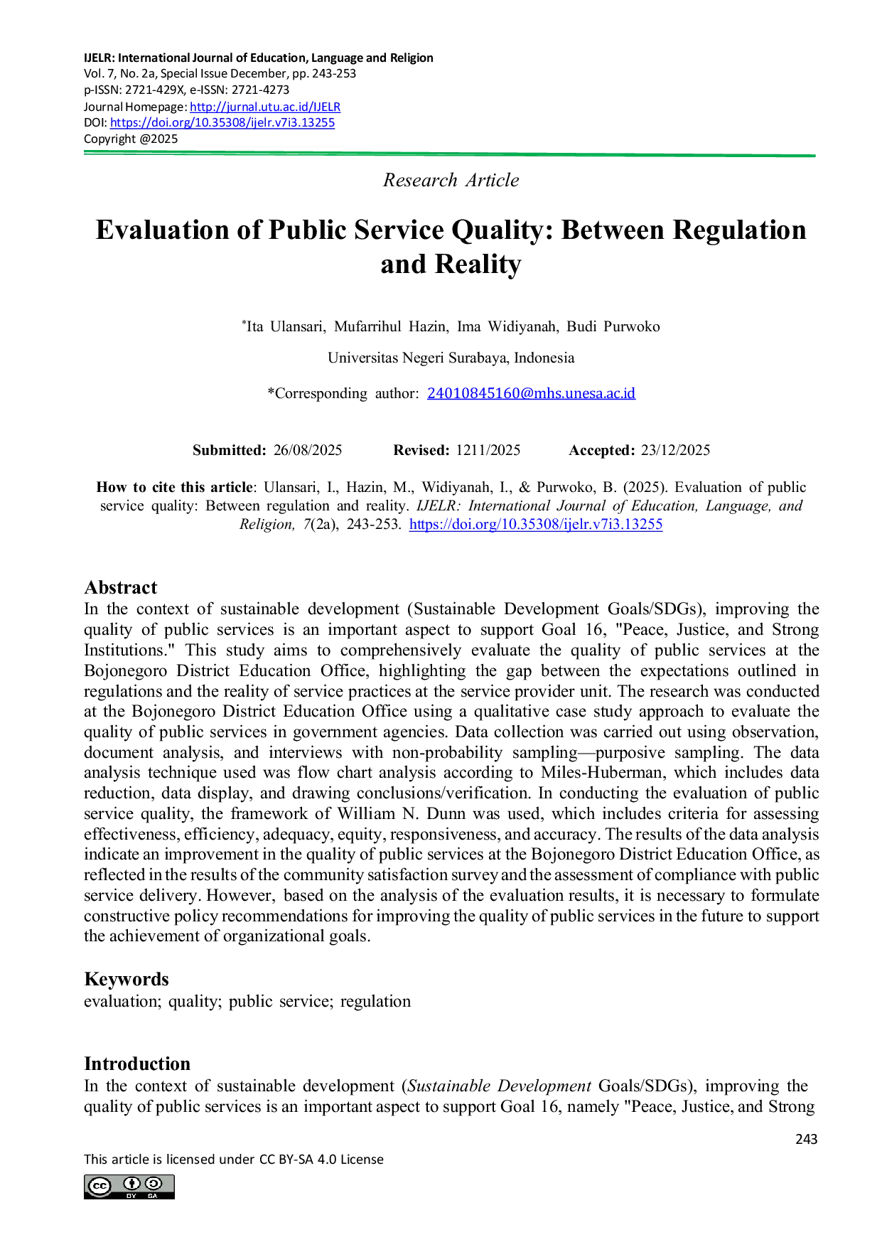 JURIS Evaluation of Public Service Quality Between Regulation and Reality