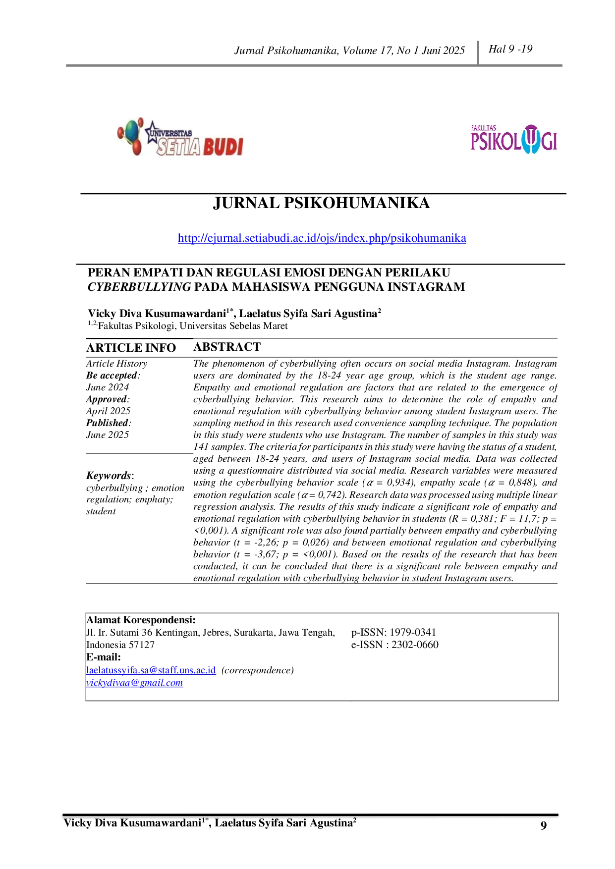 JURIS Peran Empati Dan Regulasi Emosi Dengan Perilaku Cyberbullying Pada Mahasiswa Pengguna Instagram