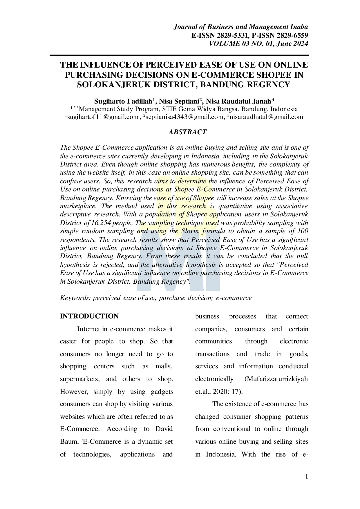 JURIS The Influence of Perceived Ease of Use on Online Purchasing Decisions on E Commerce Shopee in Solokanjeruk District Bandung Regency