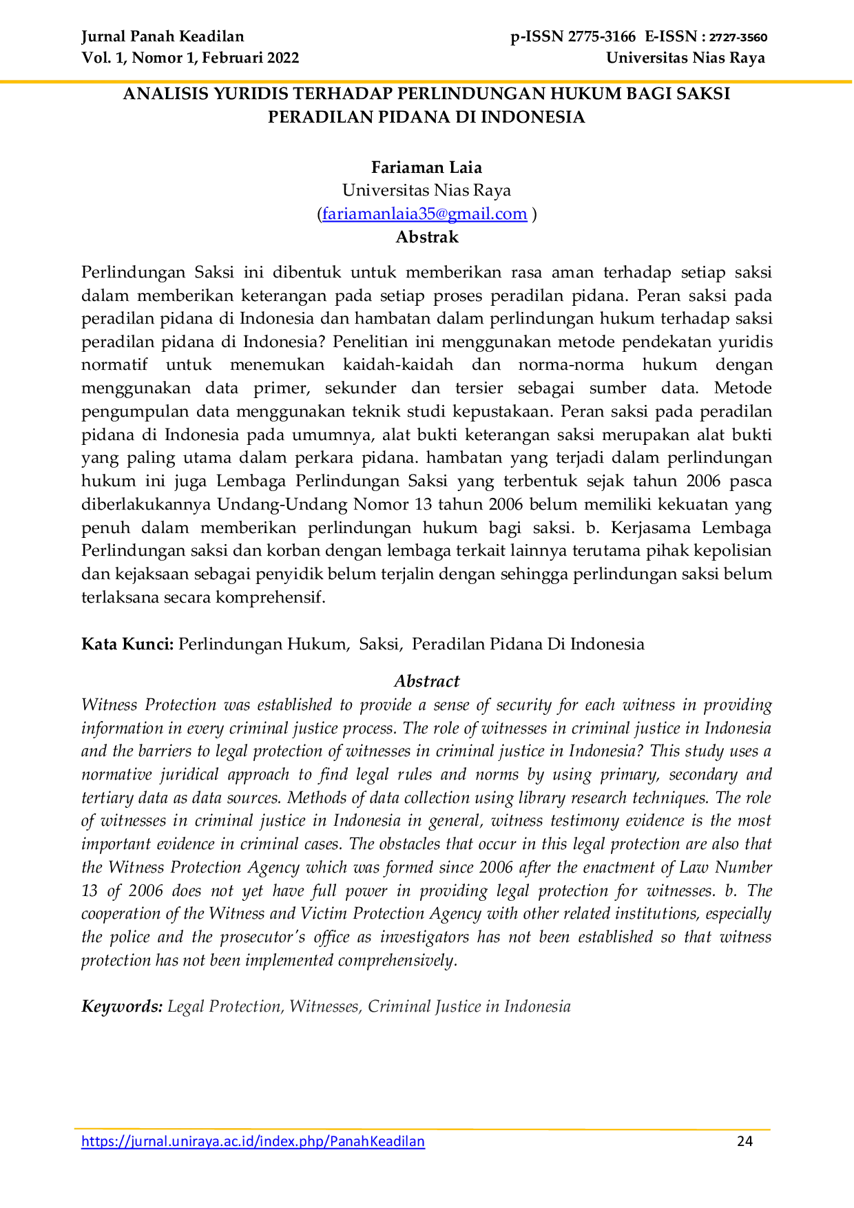 JURIS Analisis Yuridis Terhadap Perlindungan Hukum Bagi Saksi Peradilan Pidana Di Indonesia