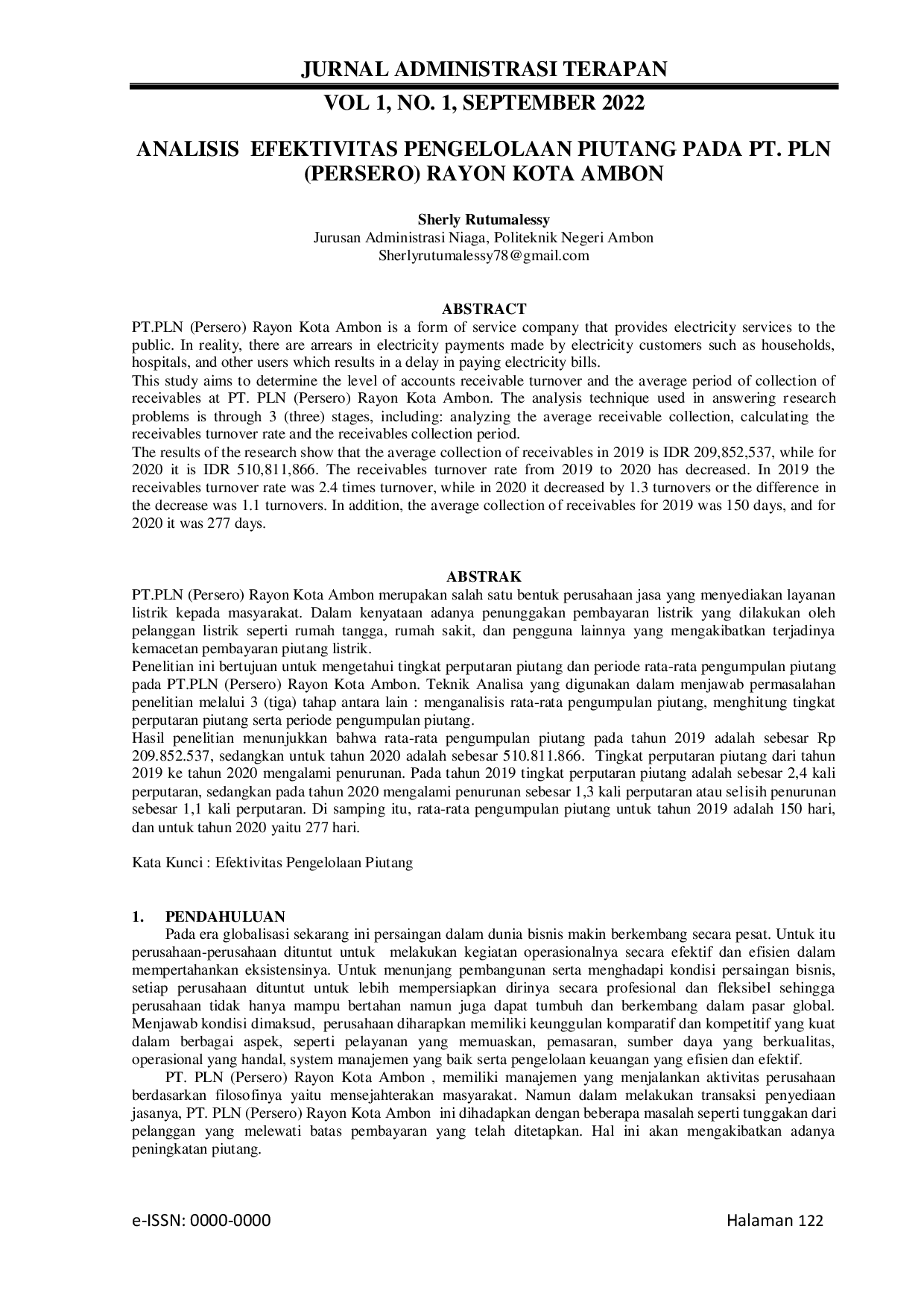 JURIS Analisis Efektivitas Pengelolaan Piutang Pada PT PLN Persero Rayon Kota Ambon