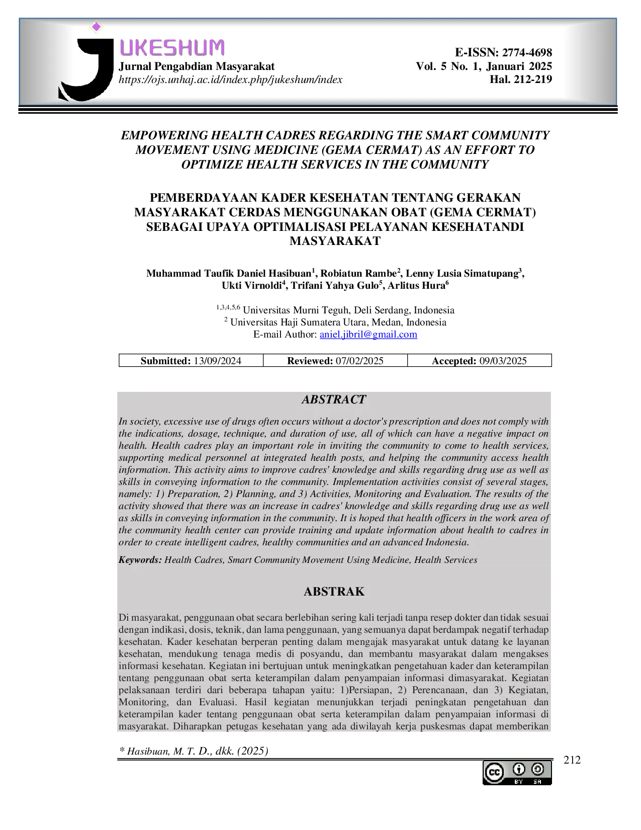 JURIS Empowering Health Cadres Regarding the Smart Community Movement Using Medicine Gema Cermat As an Effort To Optimize Health Services in the Community Pemberdayaan Kader Kesehatan Tentang Gerakan Mas