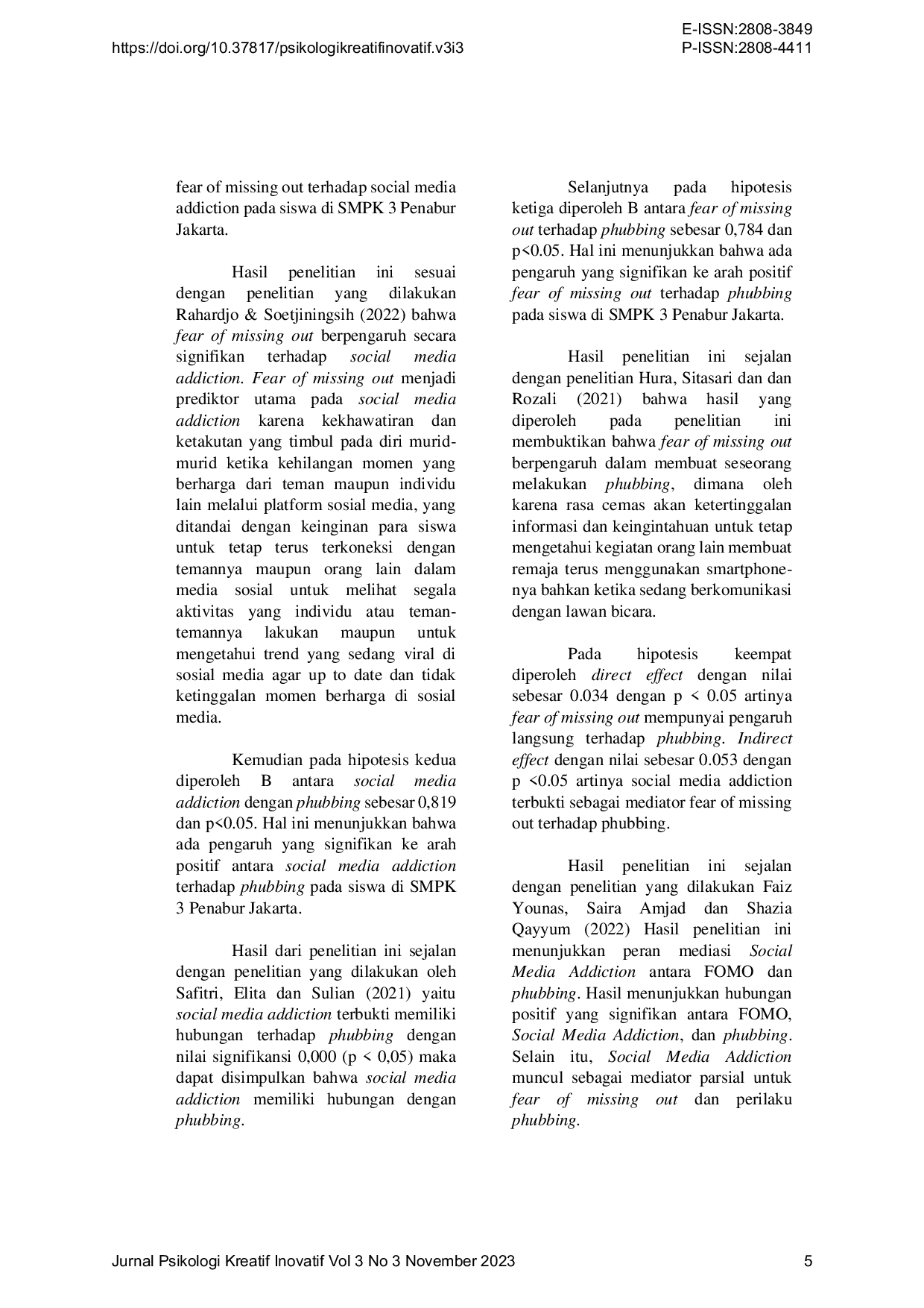JURIS Fear Of Missing Out Terhadap Phubbing Dengan Social Media Addiction Sebagai Mediator di SMPK 3 Penabur Jakarta Pusat