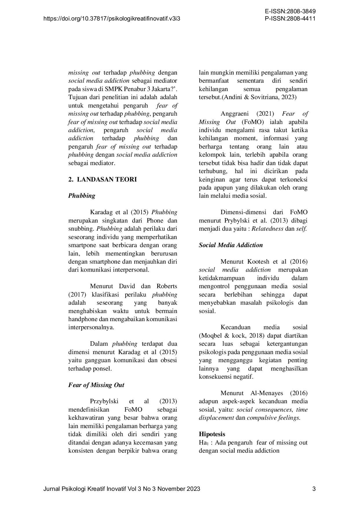 JURIS Fear Of Missing Out Terhadap Phubbing Dengan Social Media Addiction Sebagai Mediator di SMPK 3 Penabur Jakarta Pusat