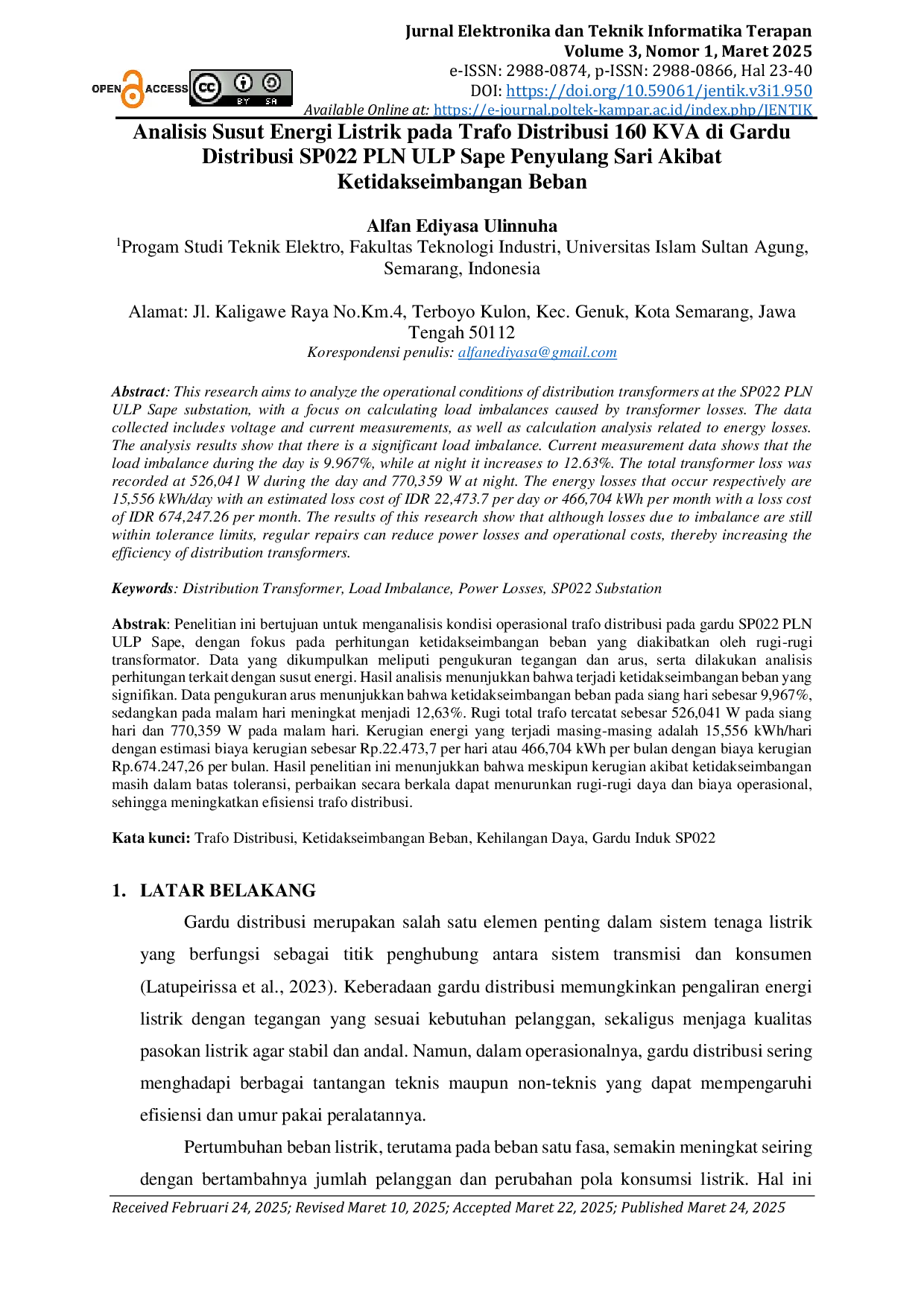 JURIS Analisis Susut Energi Listrik pada Trafo Distribusi 160 KVA di Gardu Distribusi SP022 PLN ULP Sape Penyulang Sari Akibat Ketidakseimbangan Beban
