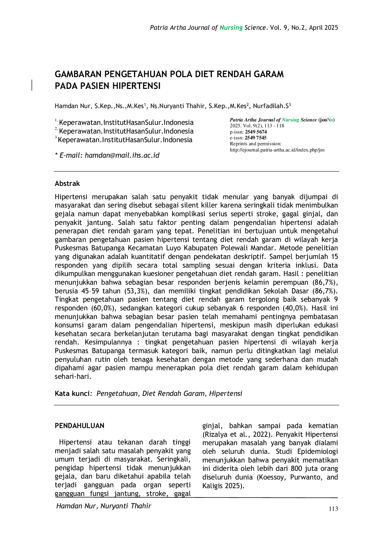 JURIS Gambaran Pengetahuan Pola Diet Rendah Garam Pada Pasien Hipertensi