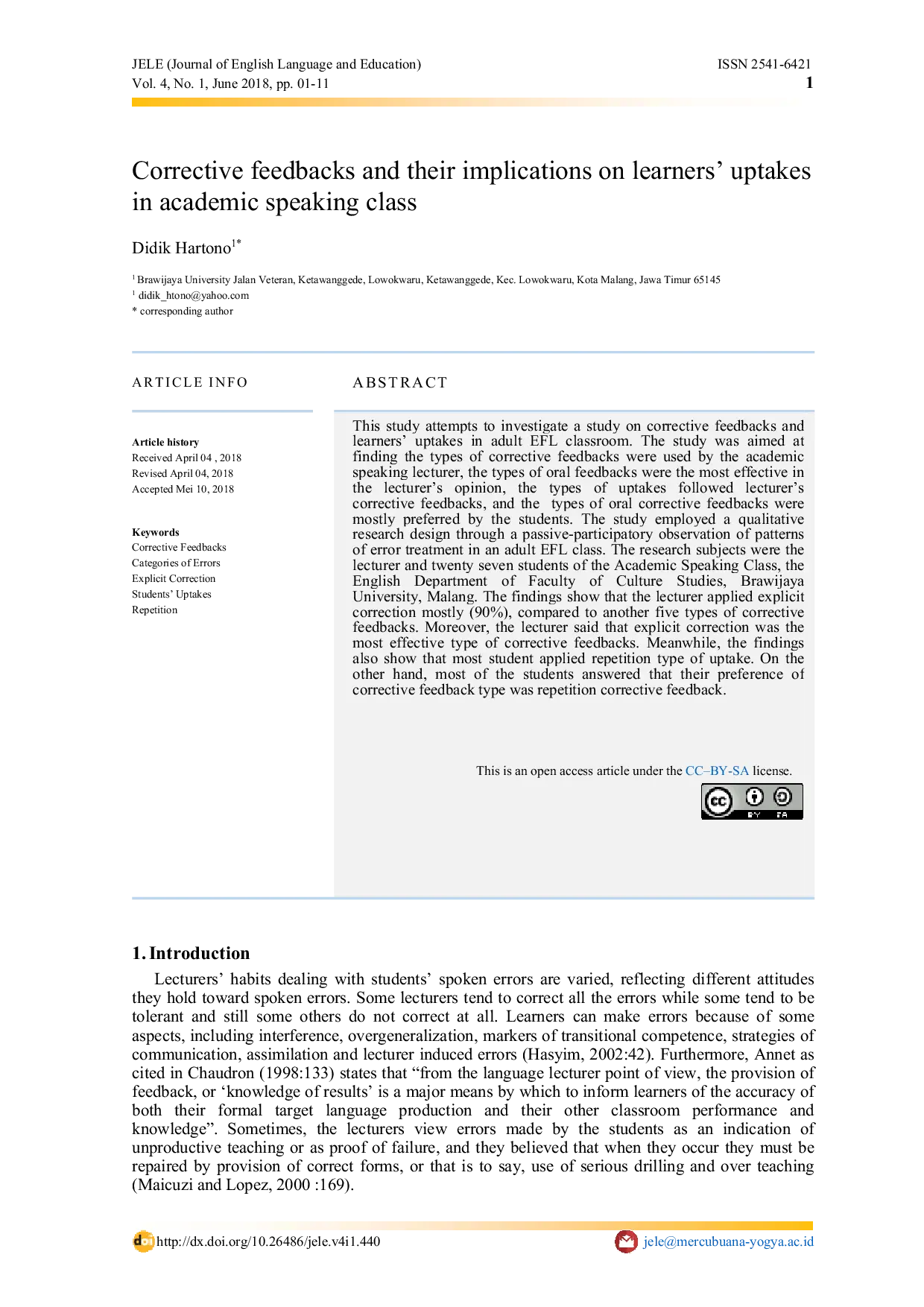JURIS Corrective Feedbacks and Their Implications on Learners Uptakes in Academic Speaking Class