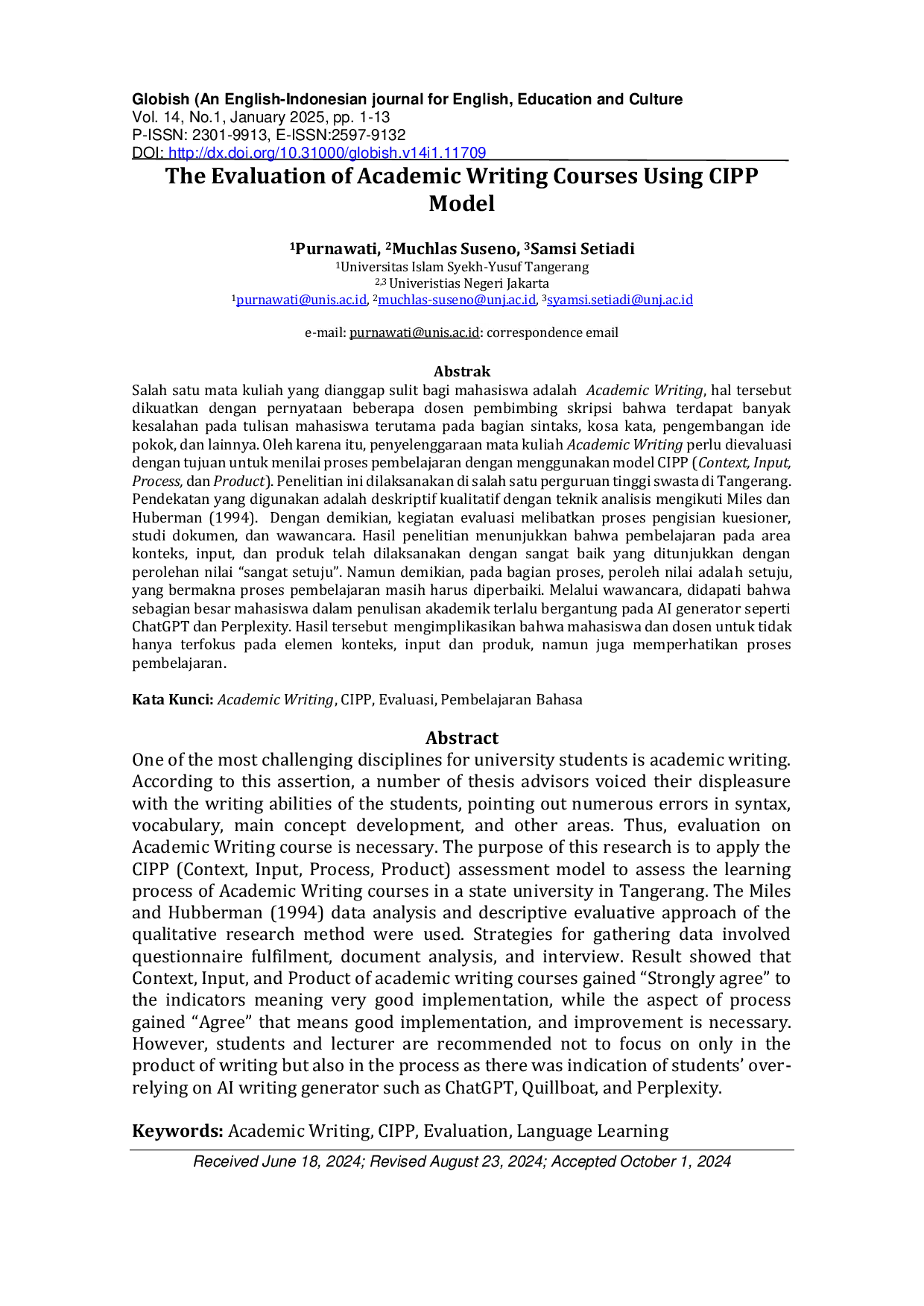 JURIS The Evaluation of Academic Writing Courses Using CIPP Model