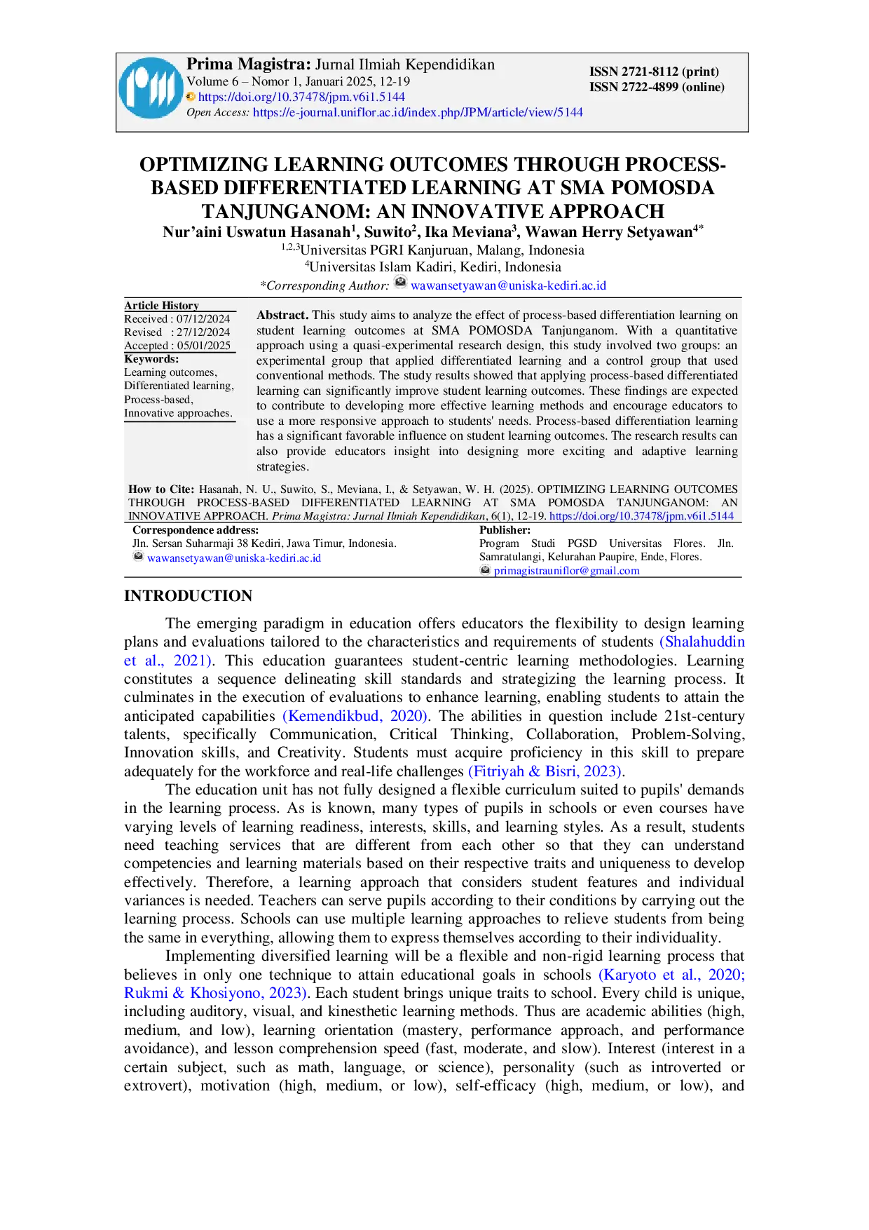 JURIS Optimizing Learning Outcomes Through Process Based Differentiated Learning At Sma Pomosda Tanjunganom An Innovative Approach