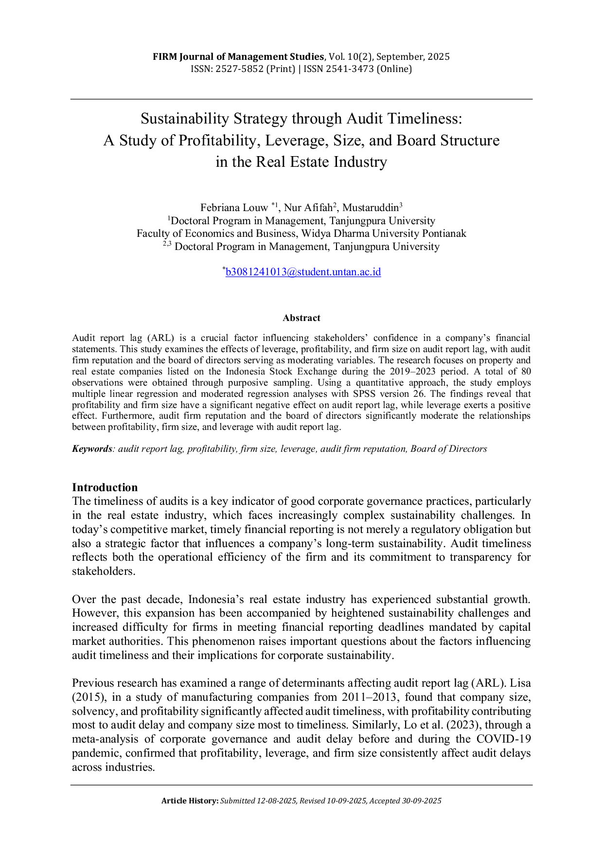 JURIS Sustainability Strategy Through Audit Timeliness A Study Of Profitability Leverage Size And Board Structure In The Real Estate Industry