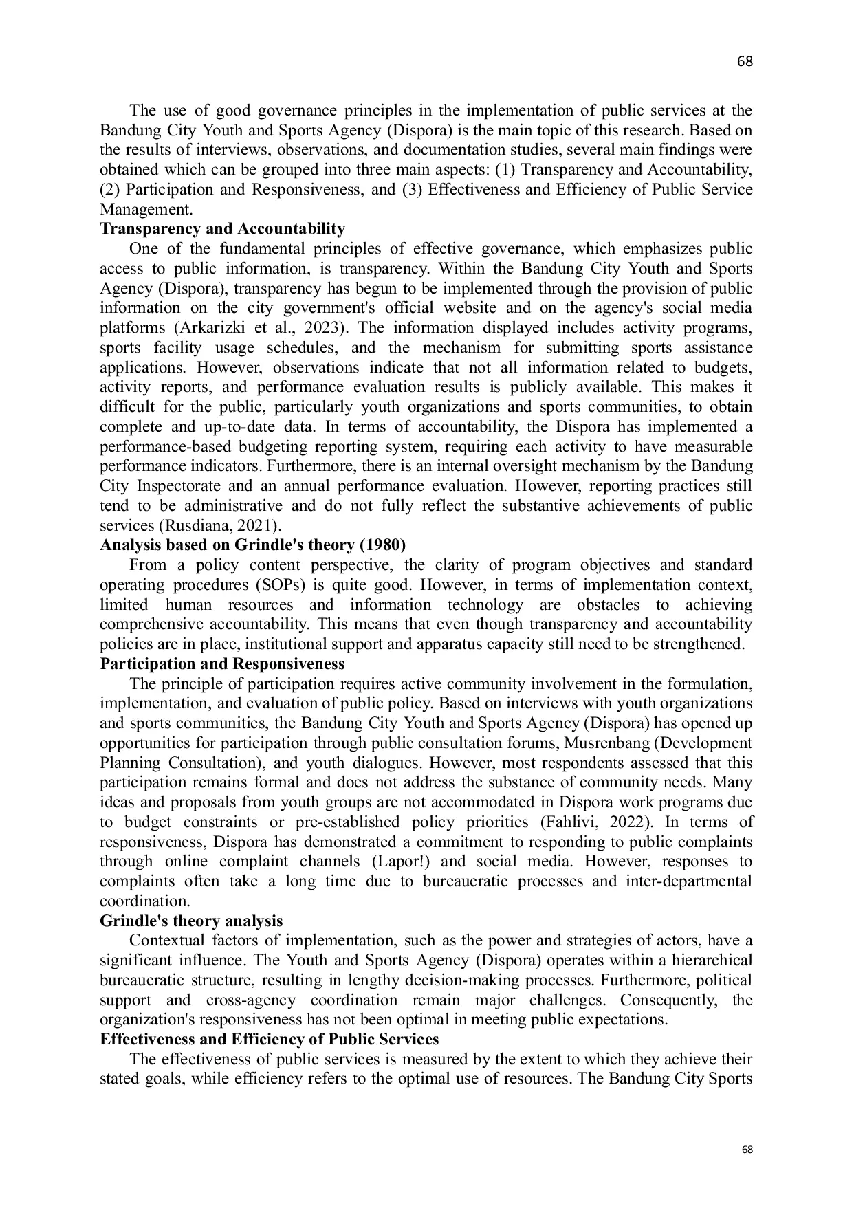 JURIS Implementation of Good Governance Principles in Public Service Management at the Department of Youth and Sports in Bandung City