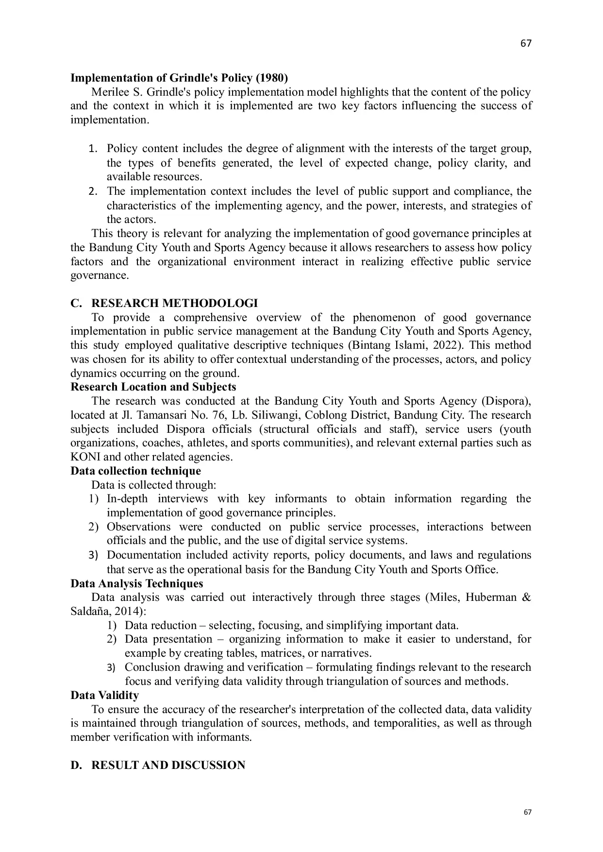 JURIS Implementation of Good Governance Principles in Public Service Management at the Department of Youth and Sports in Bandung City