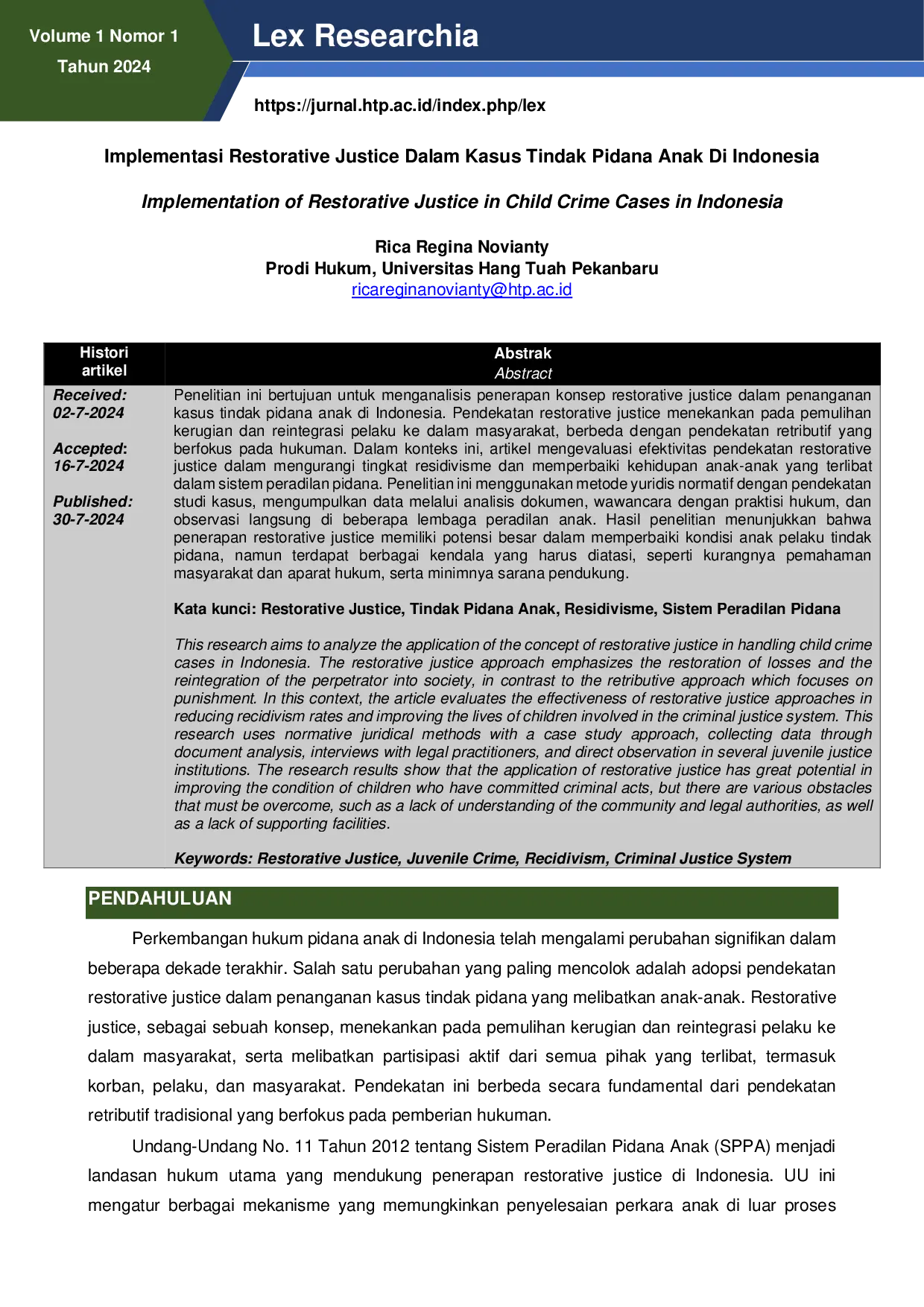 JURIS Implementation of Restorative Justice in Child Crime Cases in Indonesia Implementasi Restorative Justice Dalam Kasus Tindak Pidana Anak Di Indonesia