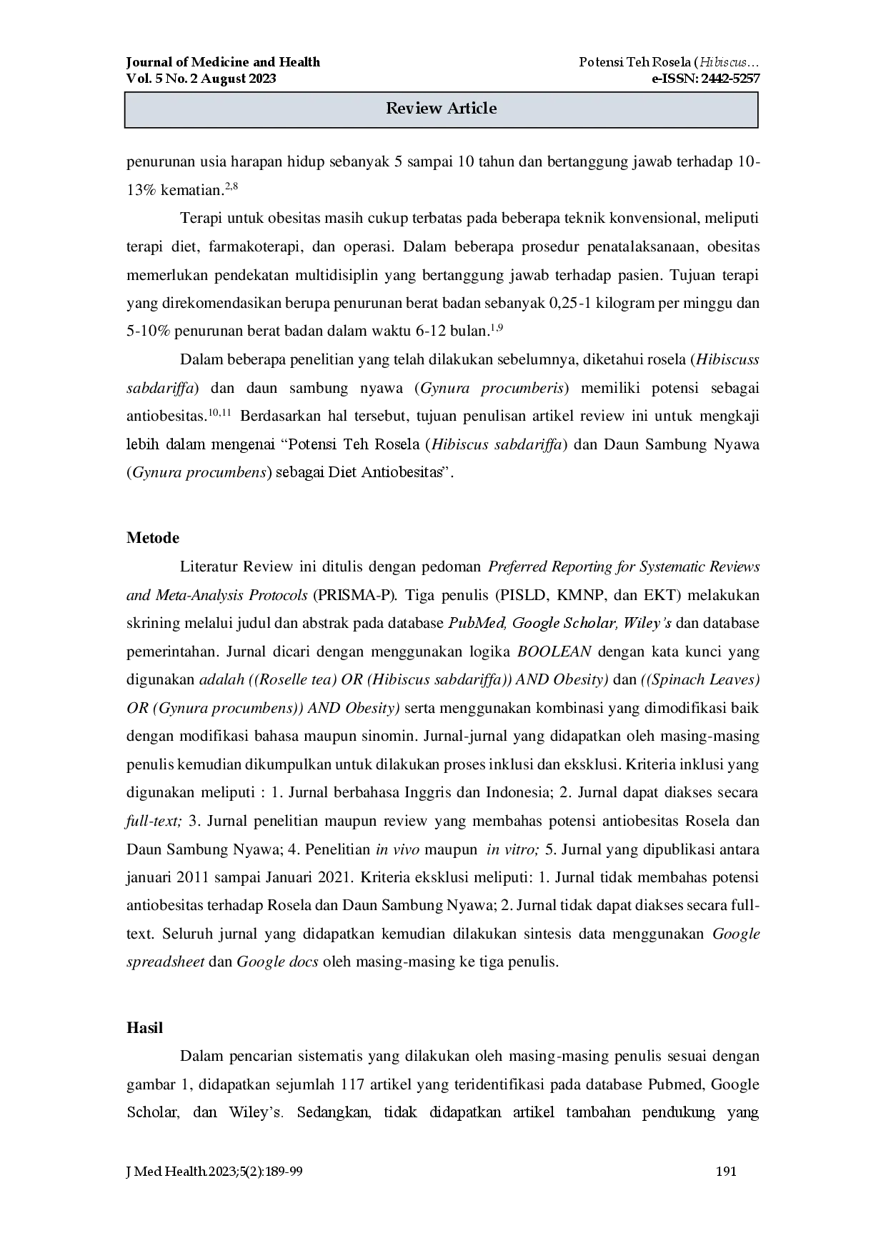 juris Potensi Teh Rosela Hibiscus sabdariffa dan Daun Sambung Nyawa Gynura procumbens Sebagai Diet Antiobesitas