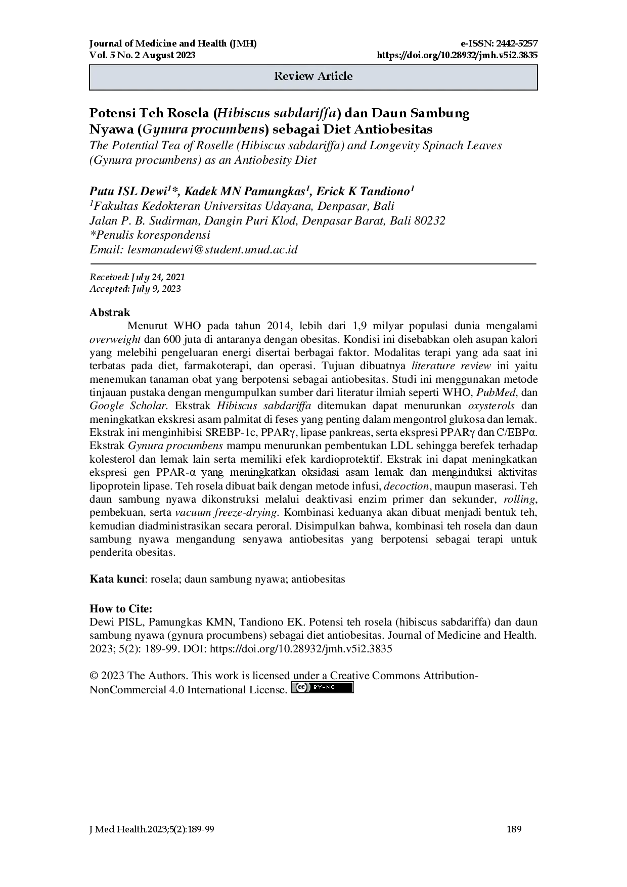 juris Potensi Teh Rosela Hibiscus sabdariffa dan Daun Sambung Nyawa Gynura procumbens Sebagai Diet Antiobesitas