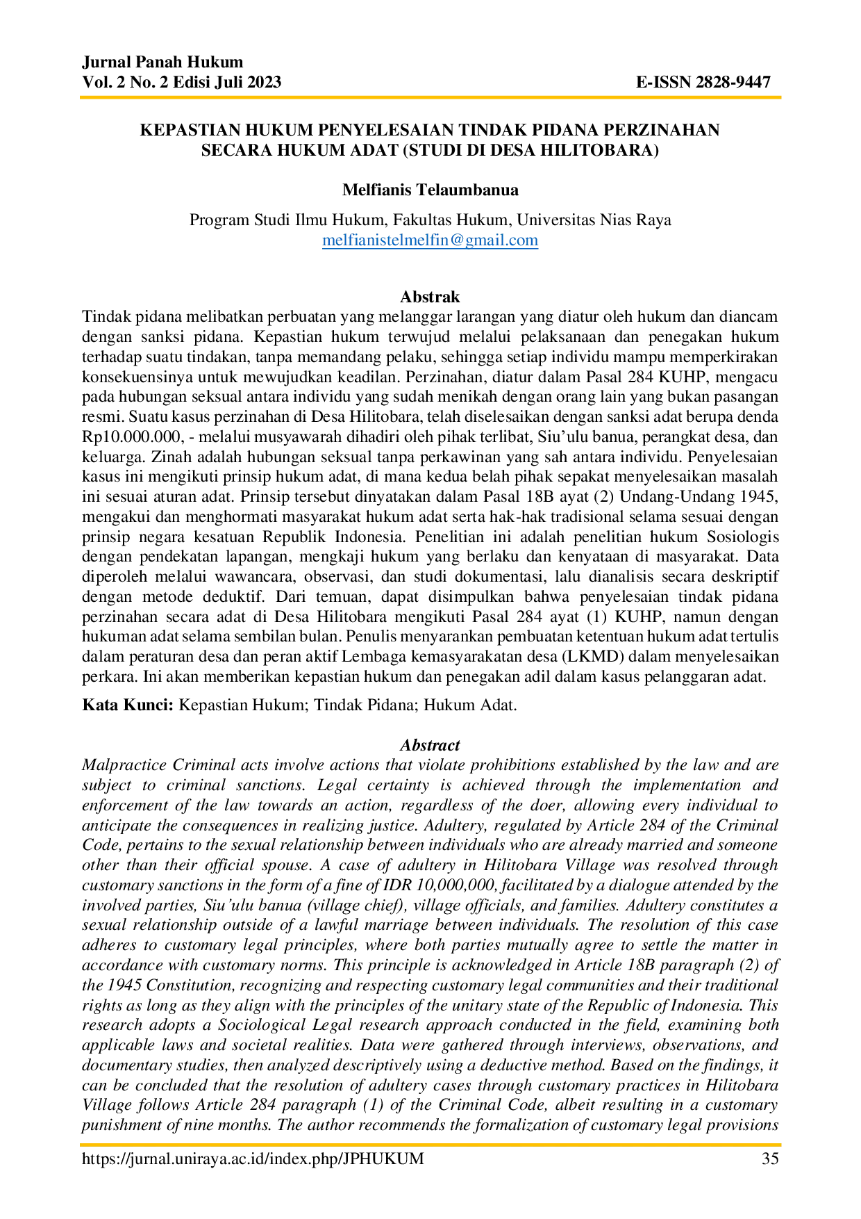 JURIS Kepastian Hukum Penyelesaian Tindak Pidana Perzinahan Secara Hukum Adat Studi Di Desa Hilitobara