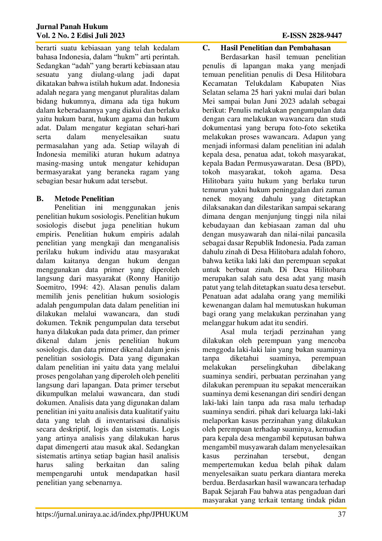 JURIS Kepastian Hukum Penyelesaian Tindak Pidana Perzinahan Secara Hukum Adat Studi Di Desa Hilitobara