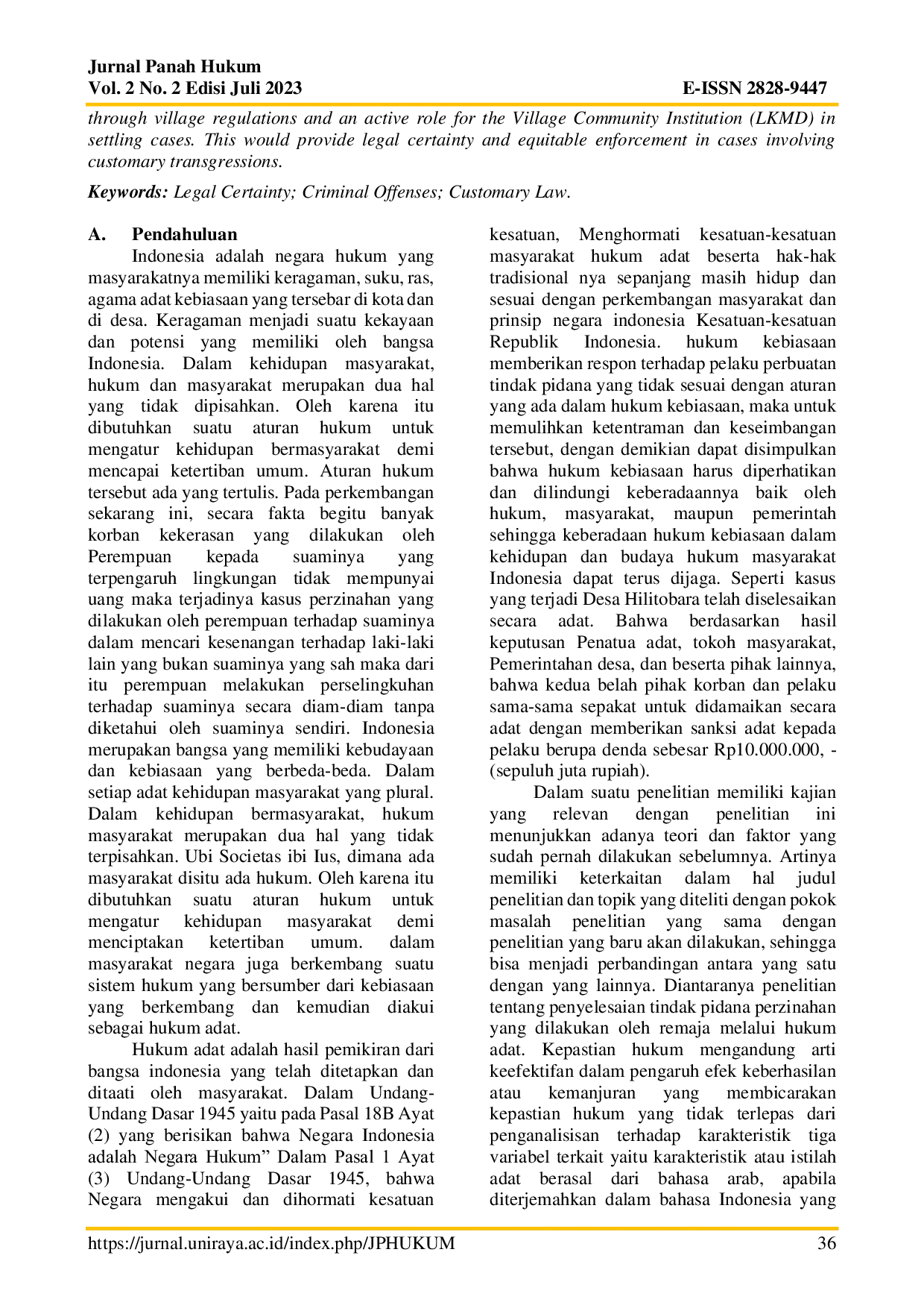 JURIS Kepastian Hukum Penyelesaian Tindak Pidana Perzinahan Secara Hukum Adat Studi Di Desa Hilitobara