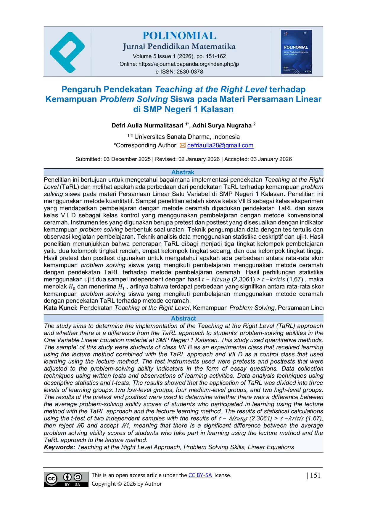 JURIS Pengaruh Pendekatan Teaching at the Right Level terhadap Kemampuan Problem Solving Siswa pada Materi Persamaan Linear di SMP Negeri 1 Kalasan