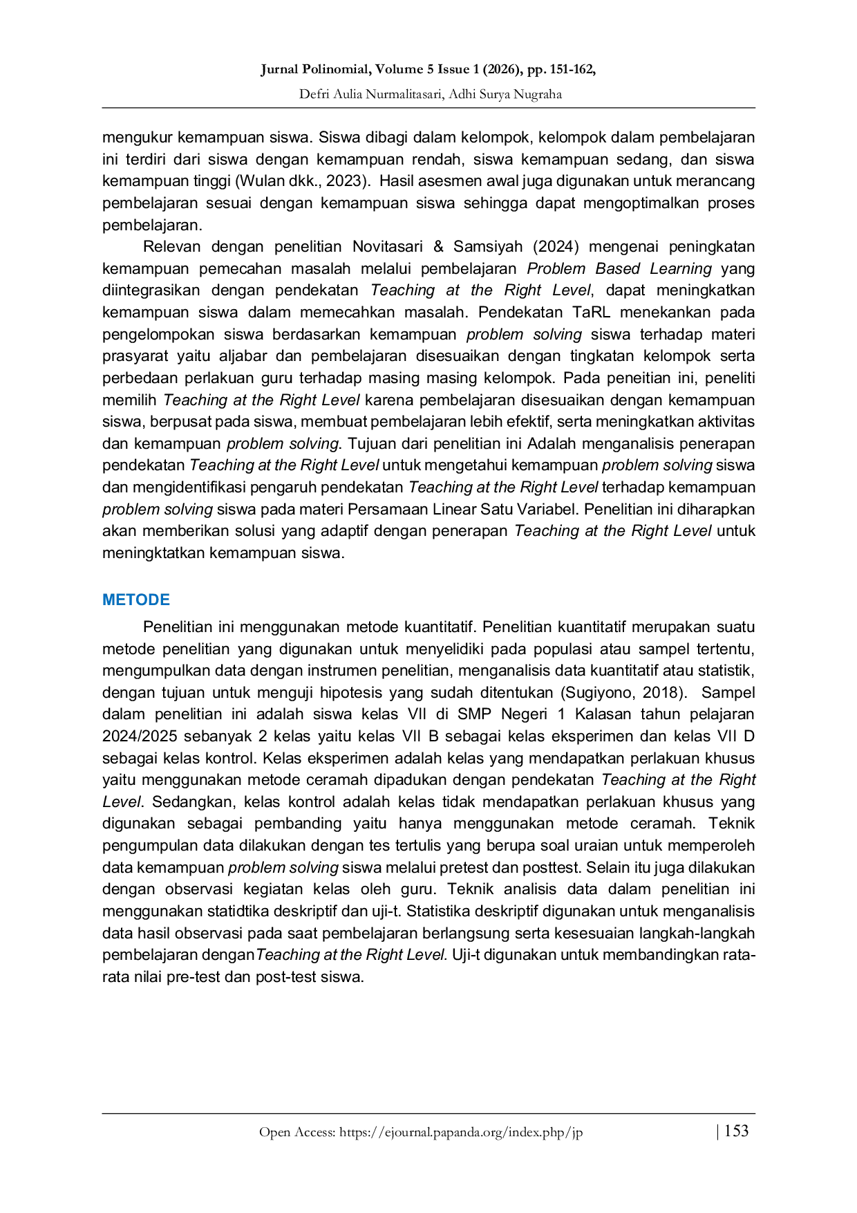 JURIS Pengaruh Pendekatan Teaching at the Right Level terhadap Kemampuan Problem Solving Siswa pada Materi Persamaan Linear di SMP Negeri 1 Kalasan