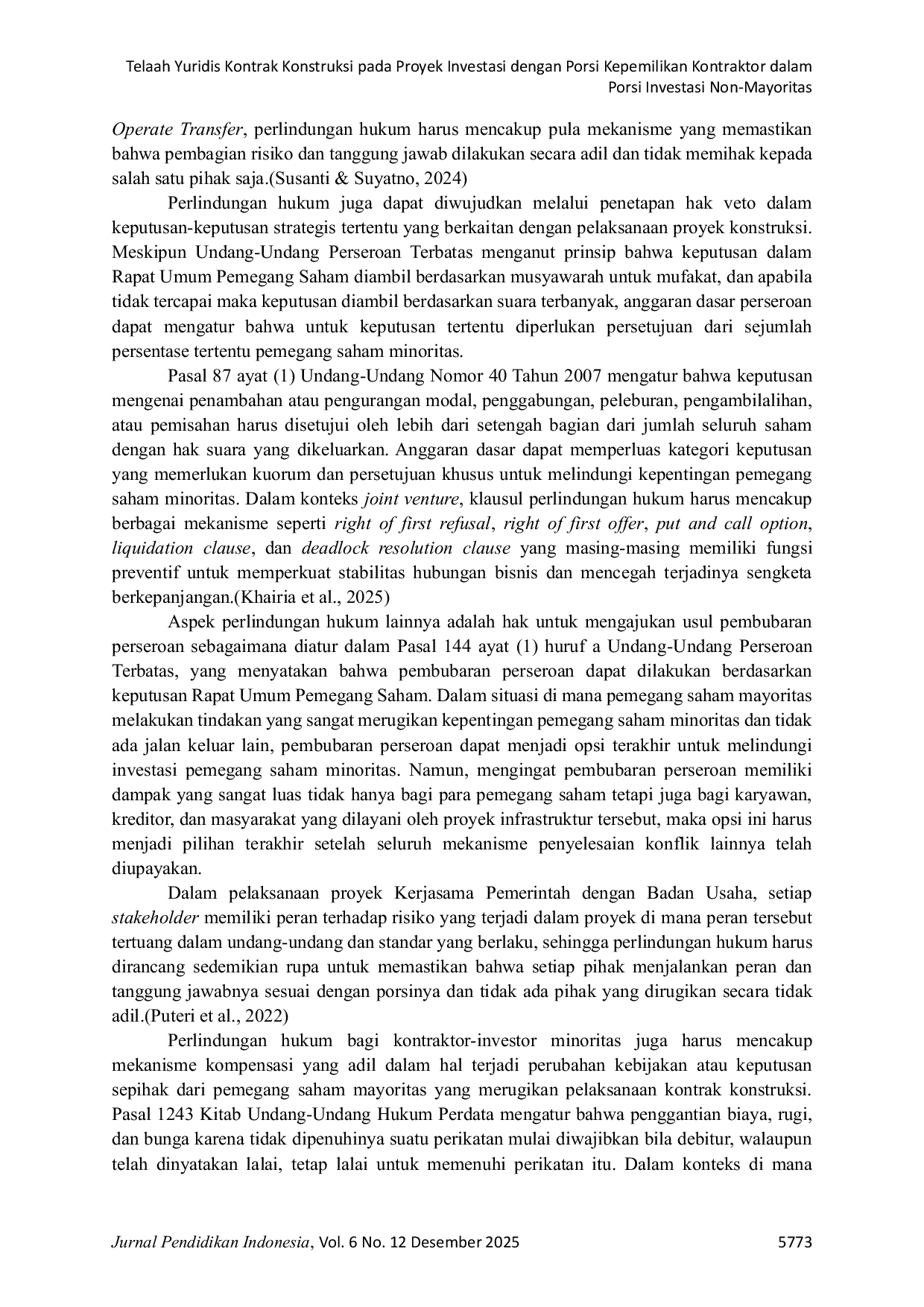 JURIS Telaah Yuridis Kontrak Konstruksi pada Proyek Investasi dengan Porsi Kepemilikan Kontraktor dalam Porsi Investasi Non Mayoritas