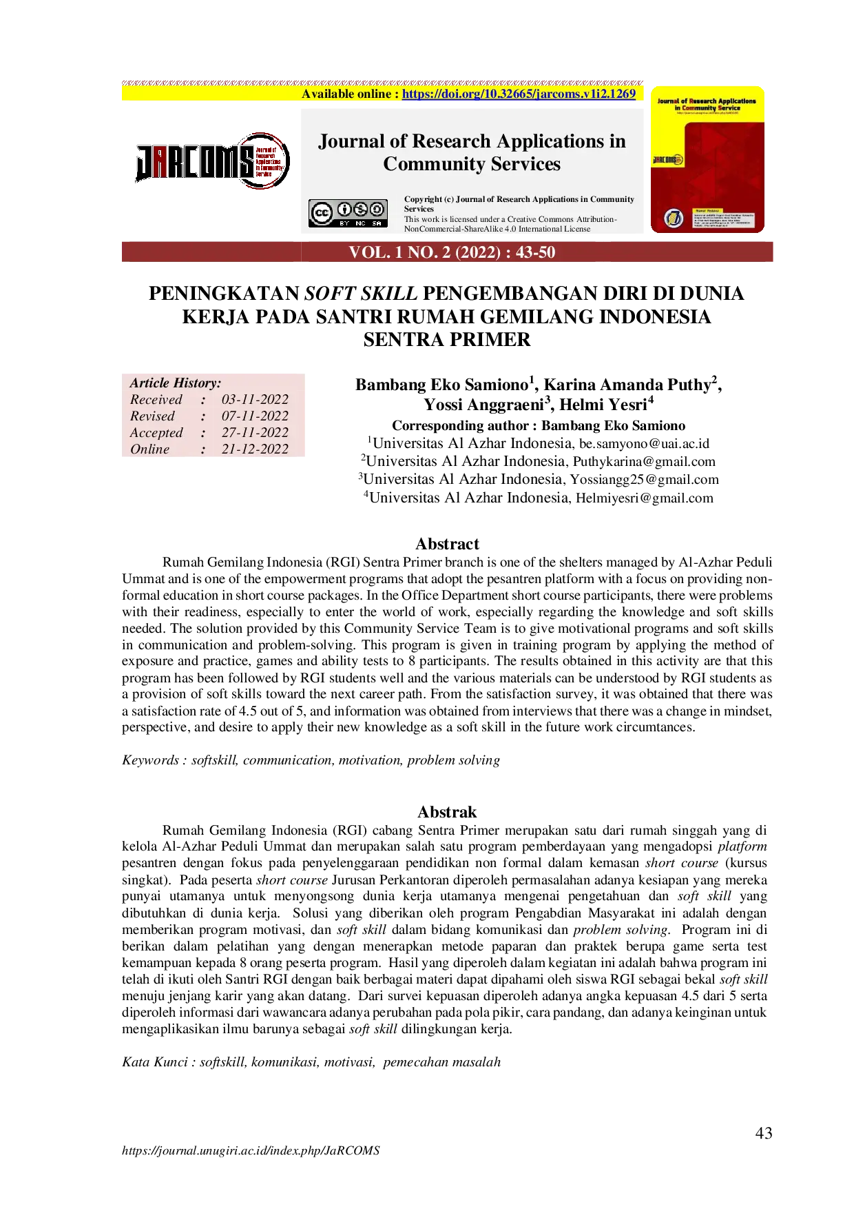 JURIS Peningkatan Soft Skill Pengembangan Diri di Dunia Kerja Pada Santri Rumah Gemilang Indonesia Sentra Primer