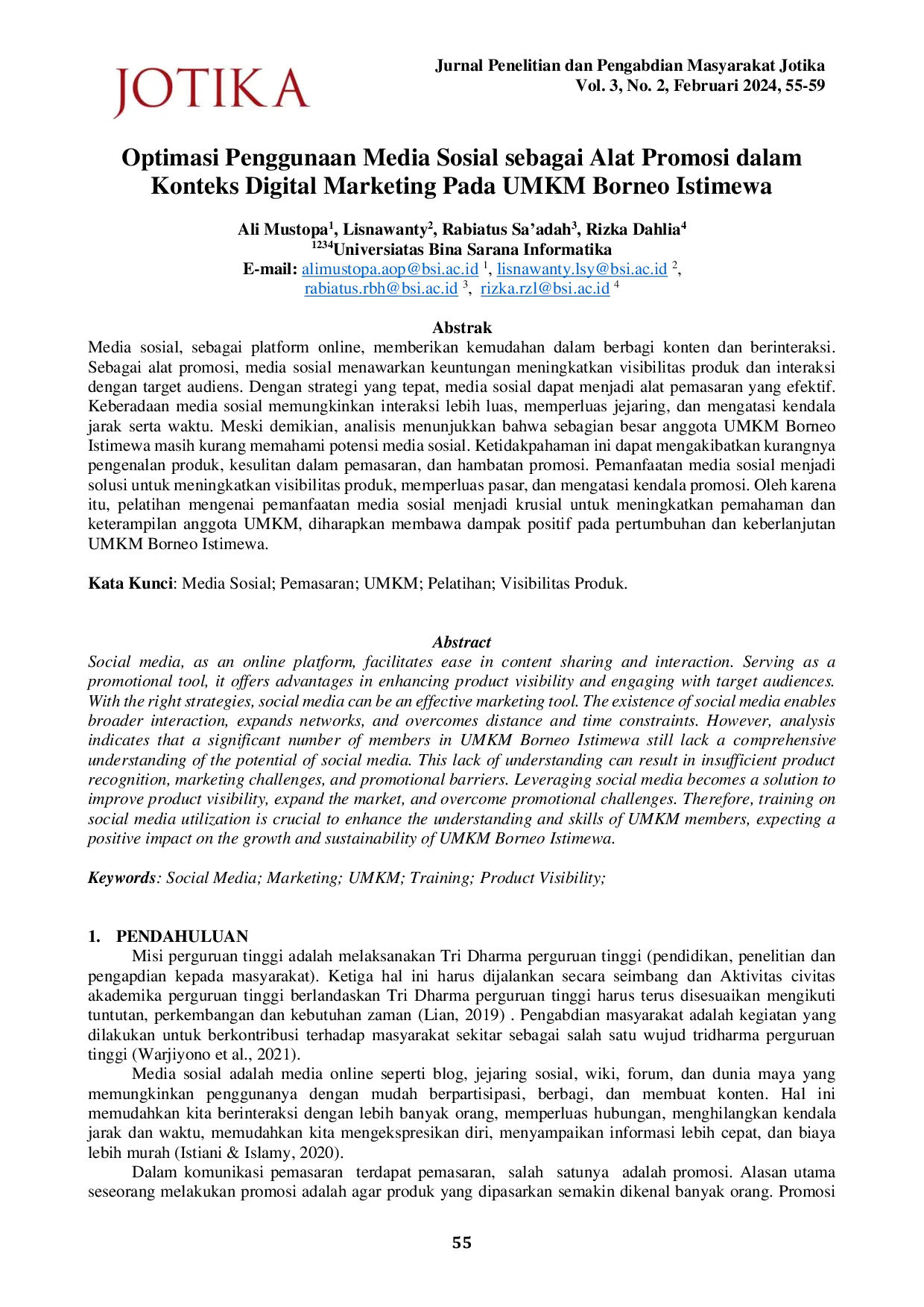 JURIS Optimasi Penggunaan Media Sosial Sebagai Alat Promosi Dalam Konteks Digital Marketing Pada UMKM Borneo Istimewa