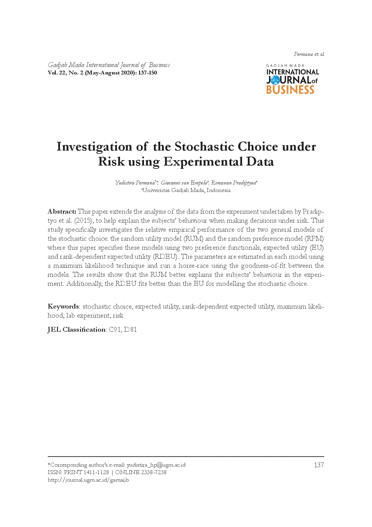juris Investigation of the Stochastic Choice under Risk using Experimental Data