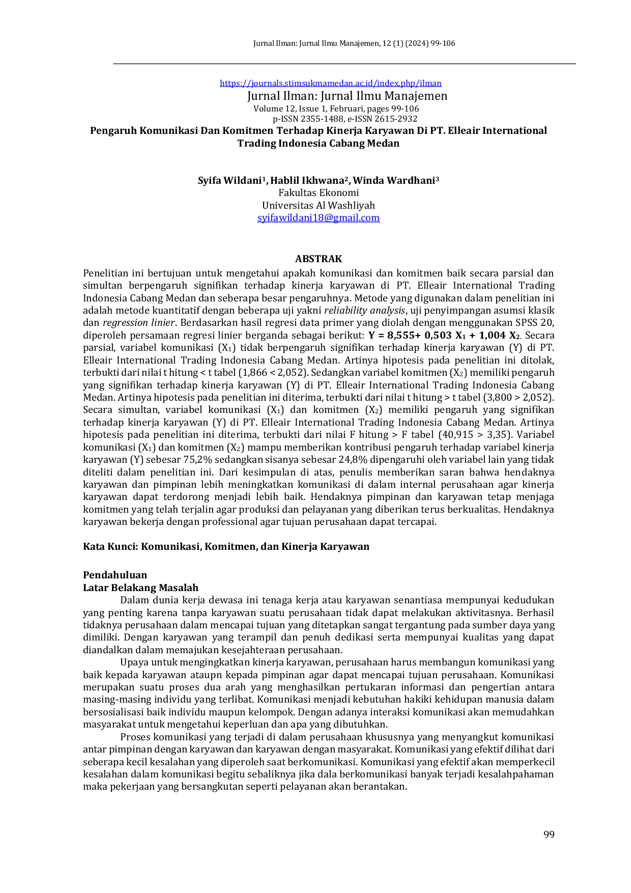 JURIS Pengaruh Komunikasi Dan Komitmen Terhadap Kinerja Karyawan Di PT Elleair International Trading Indonesia Cabang Medan
