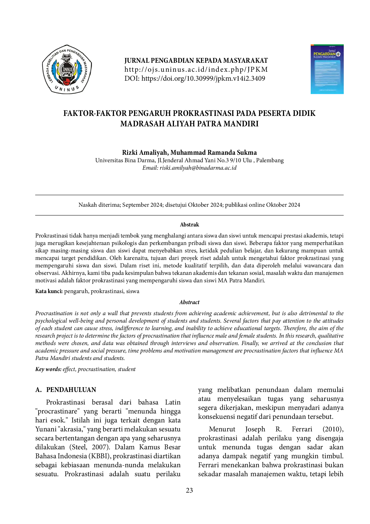 JURIS Faktor Faktor Pengaruh Prokrastinasi pada Siswa atau Siswi MA Patra Mandiri
