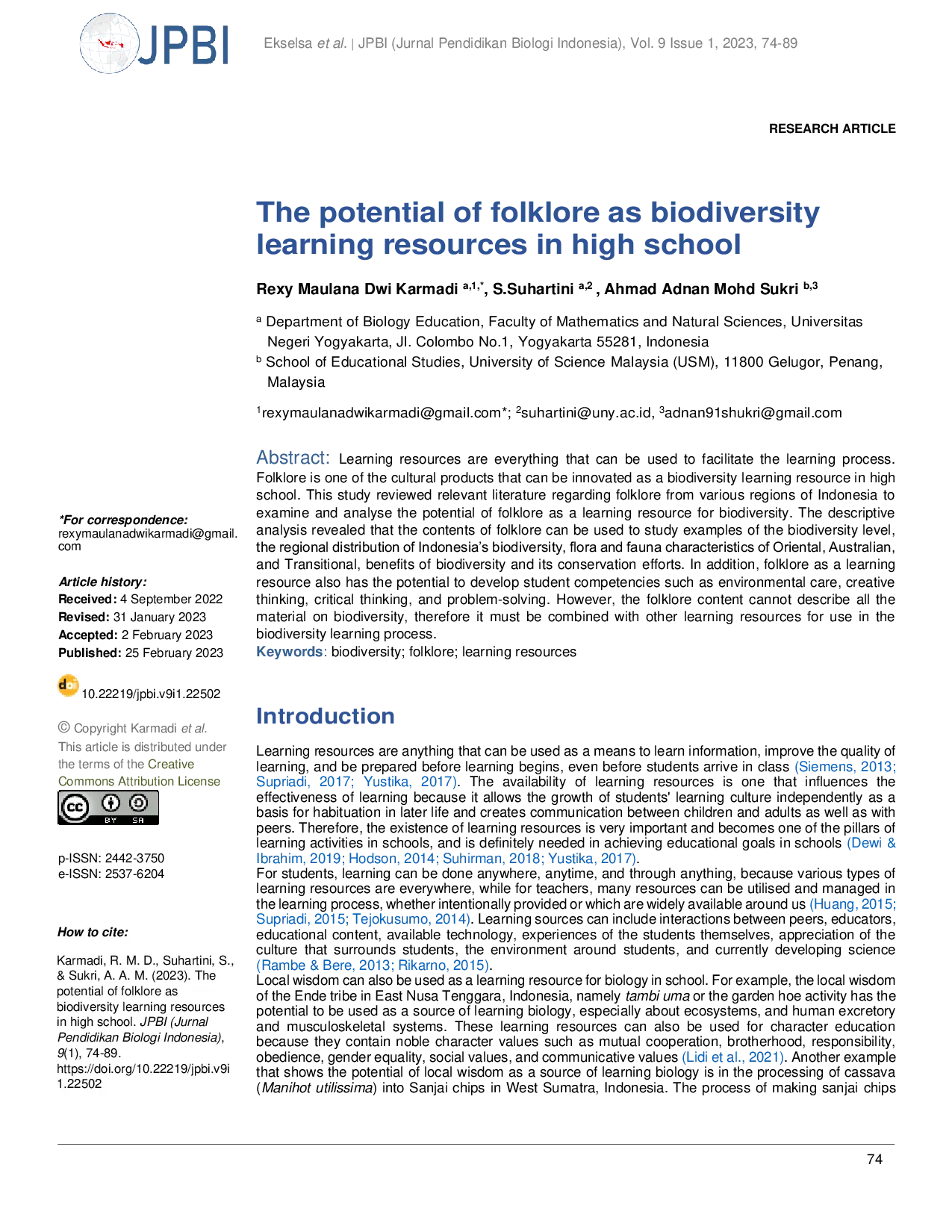 JURIS The potential of folklore as biodiversity learning resources in high school